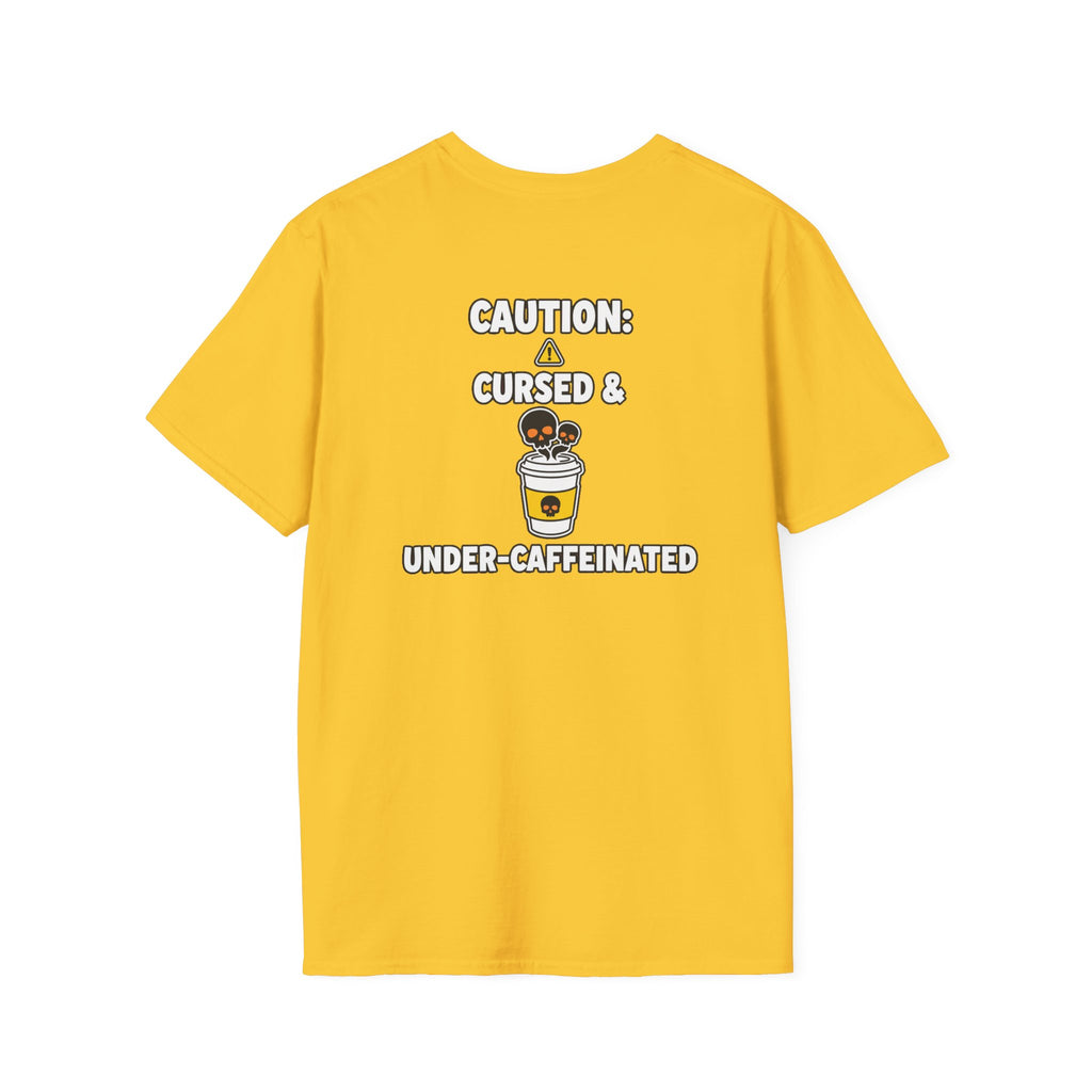 Dark Humor Halloween Shirt Caution Cursed And Under Caffeinated Funny Coffee Sarcastic Unisex Softstyle Tee Adult Halloween Gift