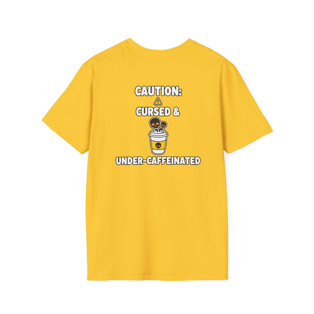 Dark Humor Halloween Shirt Caution Cursed And Under Caffeinated Funny Coffee Sarcastic Unisex Softstyle Tee Adult Halloween Gift