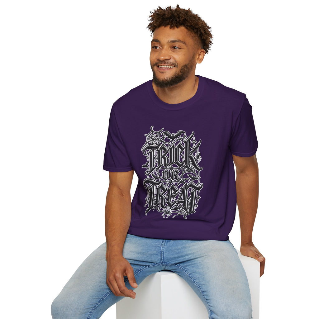 Funny Trick or Treat Gothic Blackletter Shirt | Edgy Spider Web Typography Tee | Minimalist Halloween T-Shirt