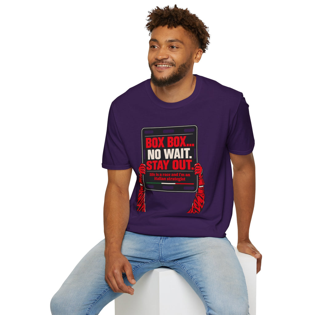 Funny Racing T-Shirt Box Box No Wait Stay Out Italian Strategist Motorsport Fan Shirt Unisex Softstyle Tee Race Day Gift