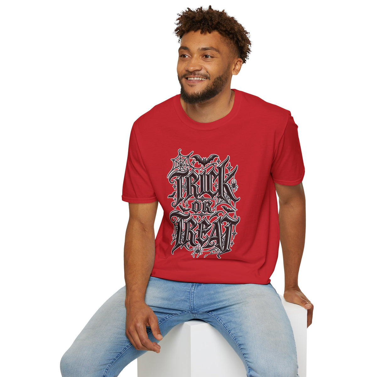 Funny Trick or Treat Gothic Blackletter Shirt | Edgy Spider Web Typography Tee | Minimalist Halloween T-Shirt