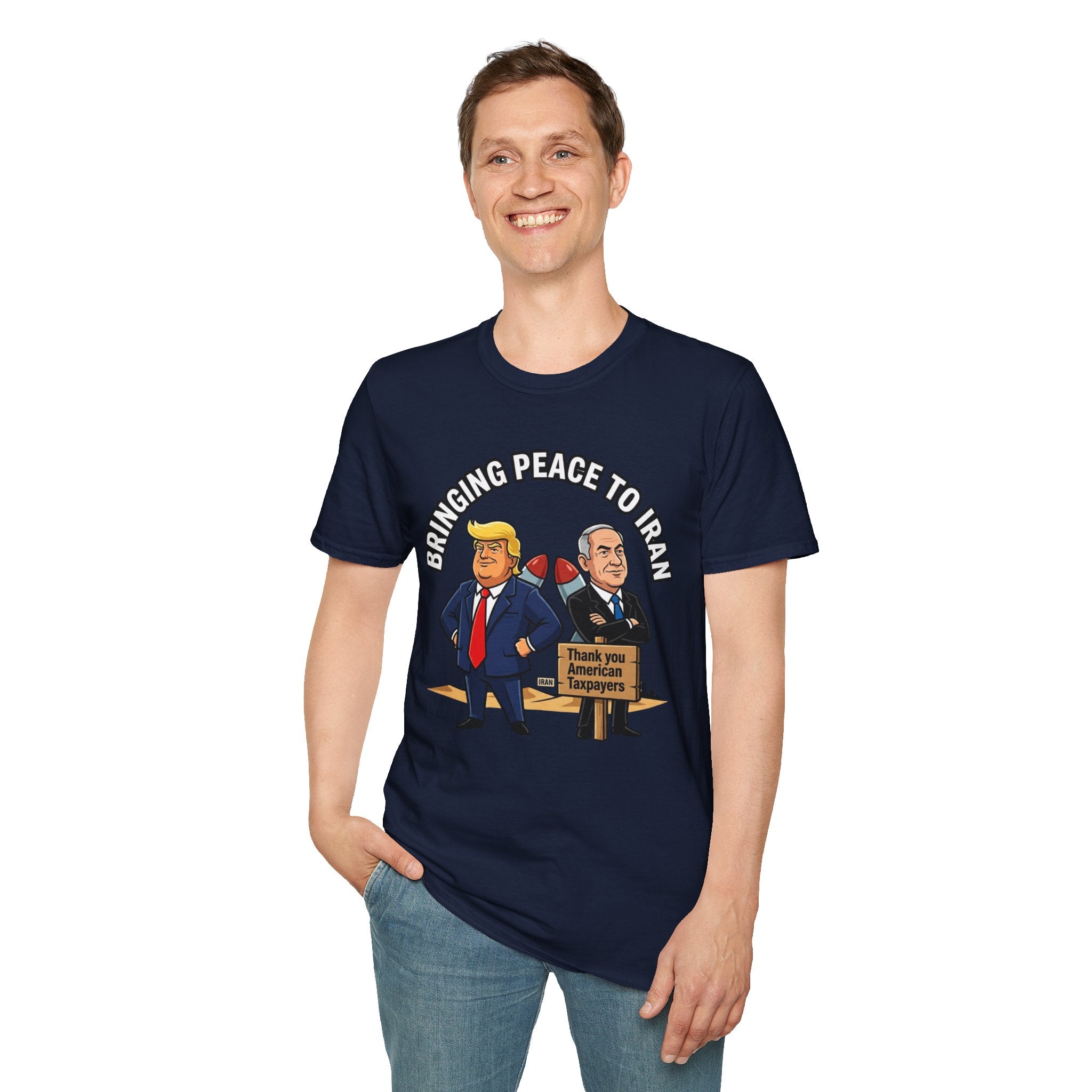 Trump T-Shirt Benjamin Netanyahu Iran War Satiric Mens Unisex Softstyle T-Shirt