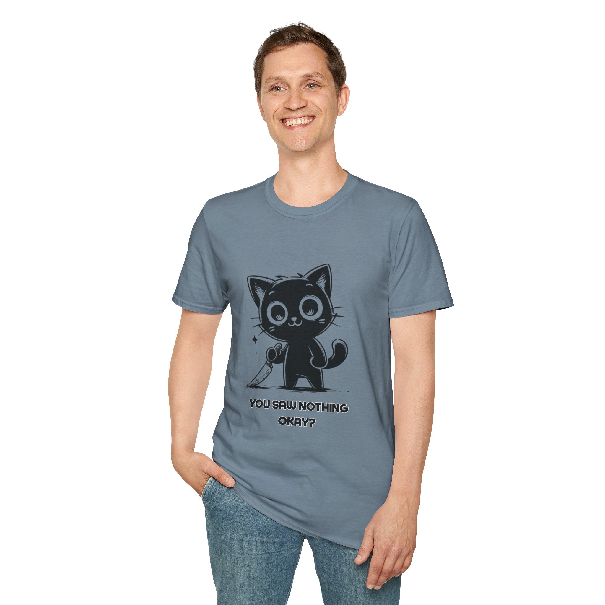 Women's and Men's Funny Cat T-shirt you saw nothing cat with bloody knife Halloween tee Soft Unisex Tshirt Gift for Her