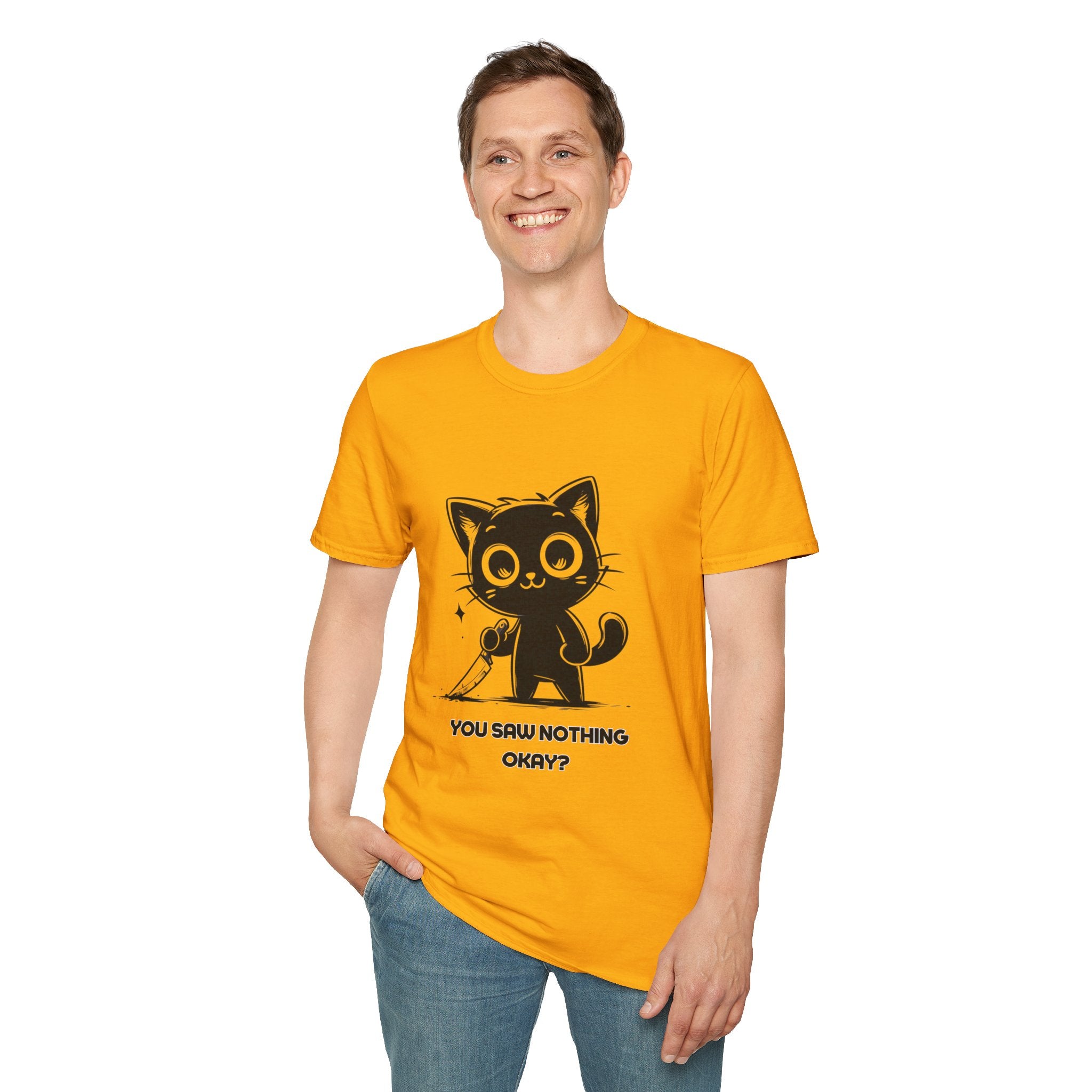Women's and Men's Funny Cat T-shirt you saw nothing cat with bloody knife Halloween tee Soft Unisex Tshirt Gift for Her