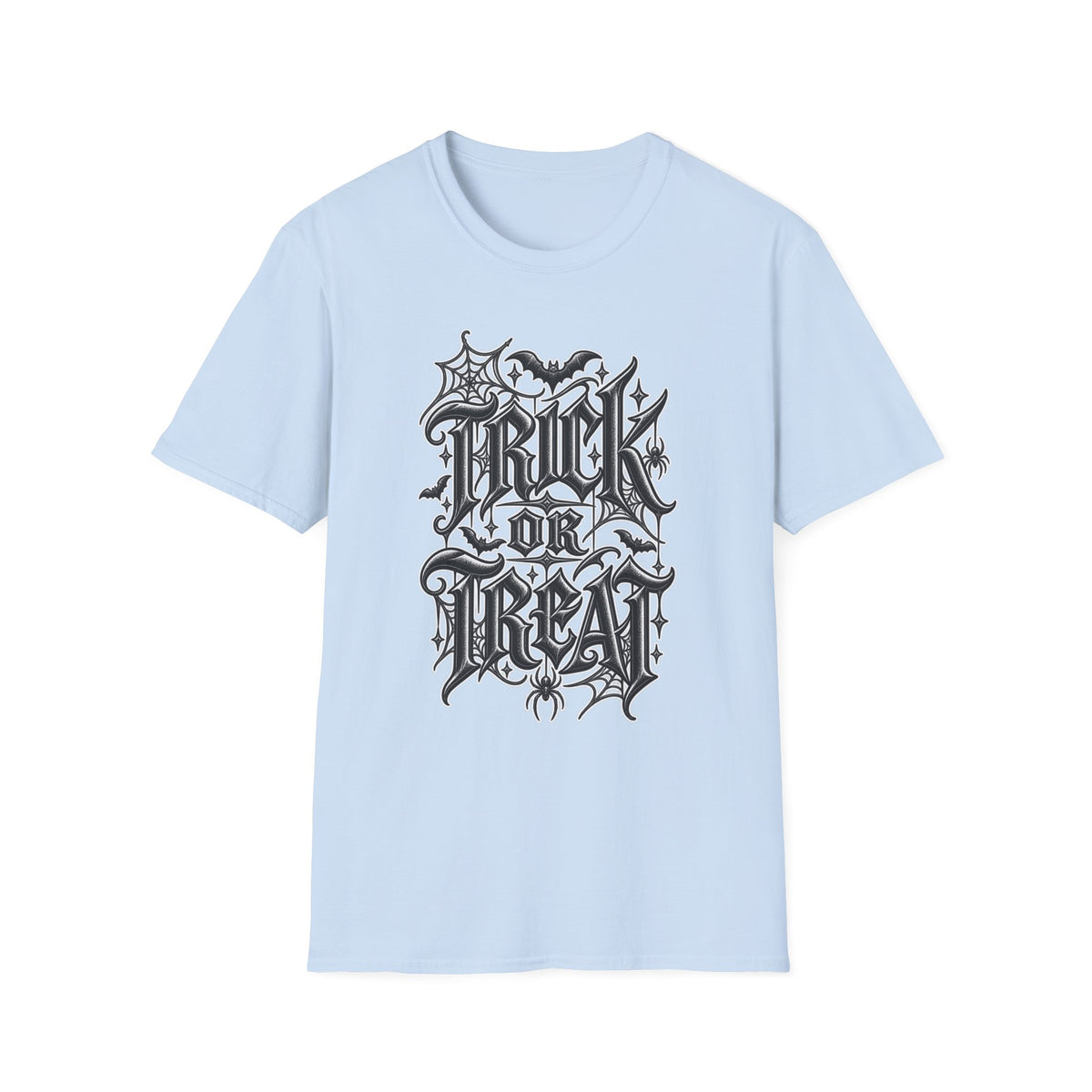 Funny Trick or Treat Gothic Blackletter Shirt | Edgy Spider Web Typography Tee | Minimalist Halloween T-Shirt