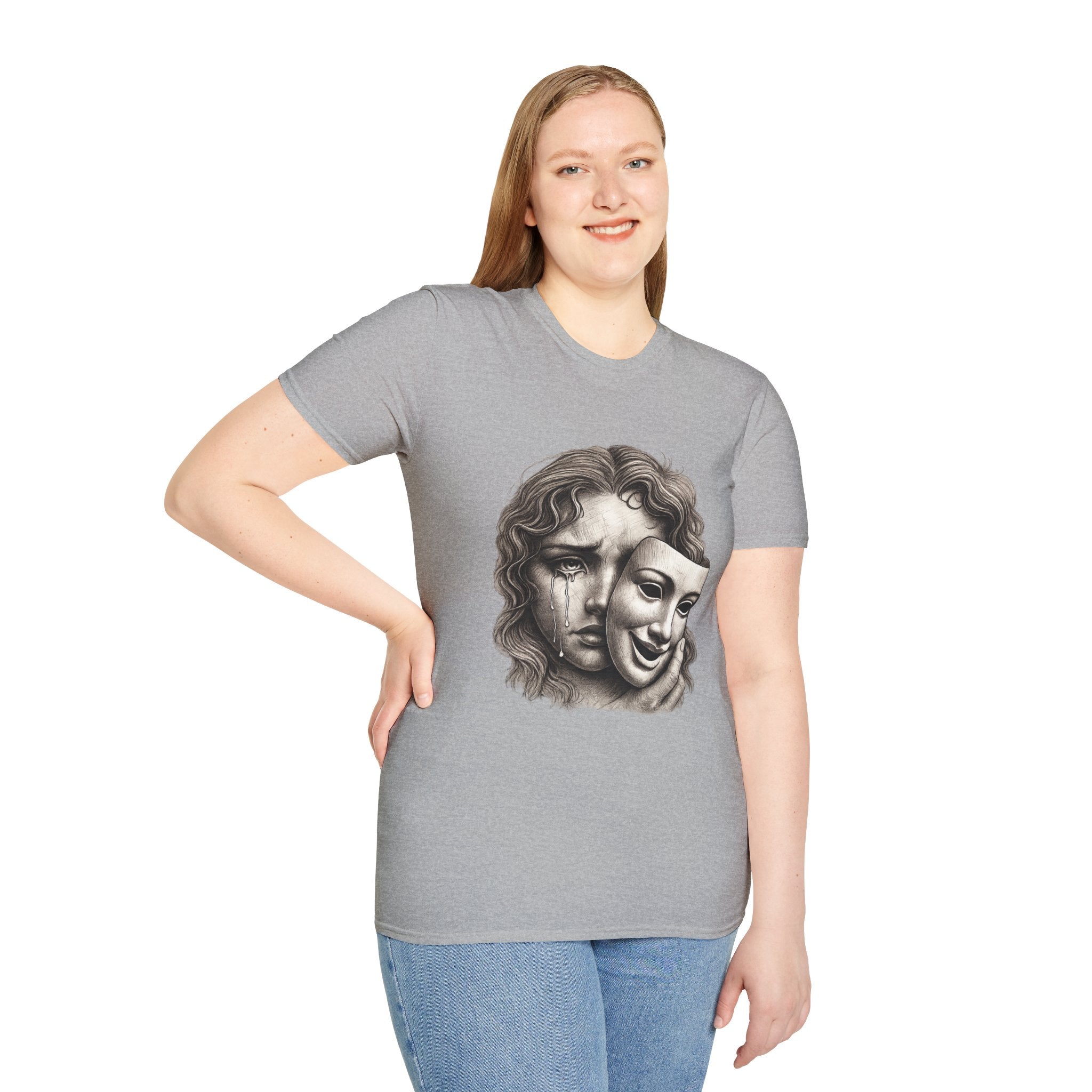 Crying Woman Mask Art T-Shirt | Hidden Emotions Sketch Graphic Tee Unisex Unisex Softstyle T-Shirt
