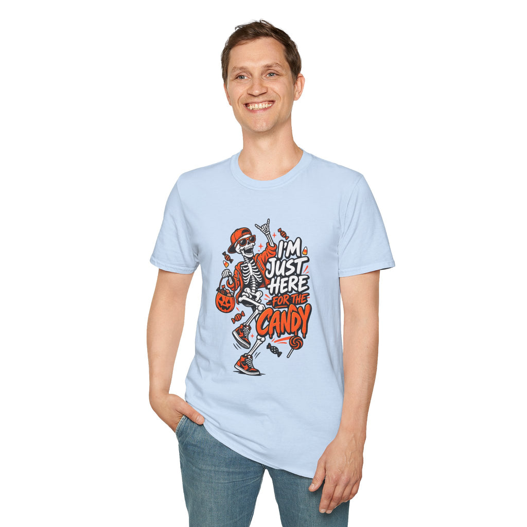 I'm Just Here for the Candy Shirt | Funny Dancing Skeleton Halloween Tee | Dark Humor Graphic T-Shirt