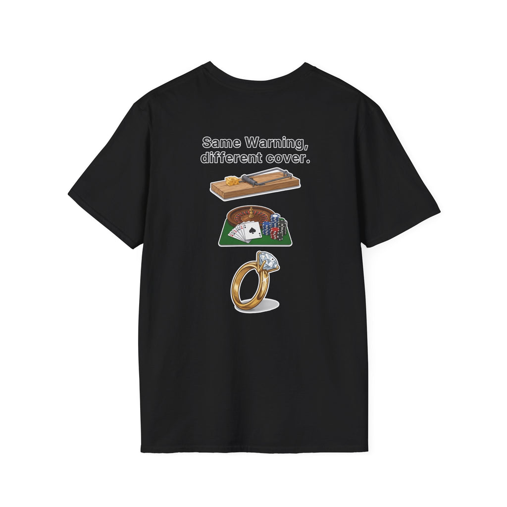 Funny Marriage T-Shirt Same Warning Different Cover Mousetrap Casino Ring Wedding Humor Shirt Groom Bachelor Party Tee