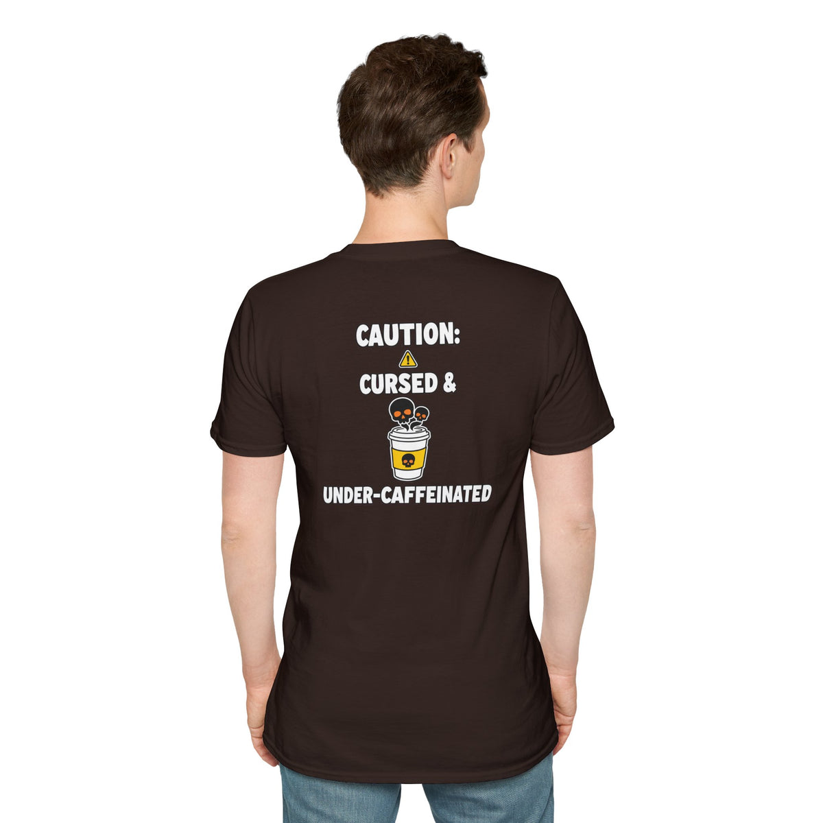 Dark Humor Halloween Shirt Caution Cursed And Under Caffeinated Funny Coffee Sarcastic Unisex Softstyle Tee Adult Halloween Gift