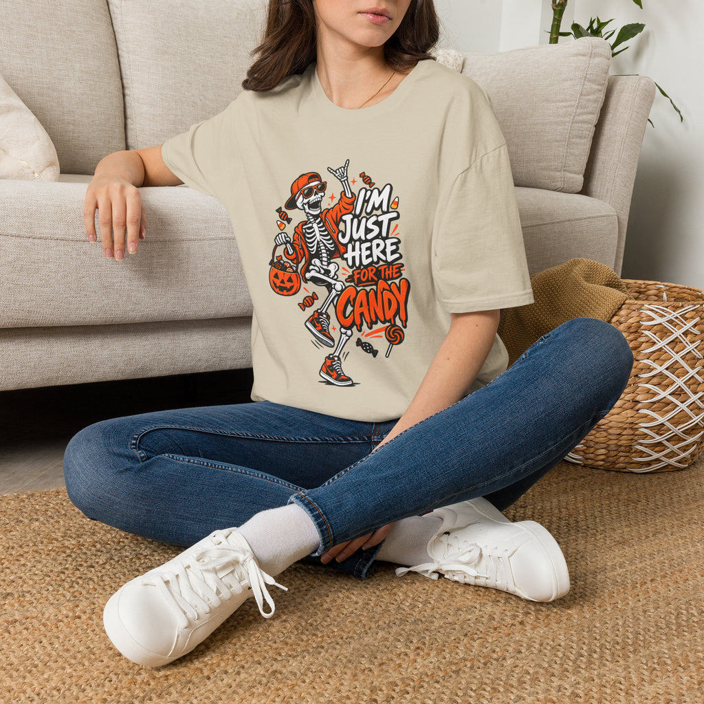 I'm Just Here for the Candy Shirt | Funny Dancing Skeleton Halloween Tee | Dark Humor Graphic T-Shirt