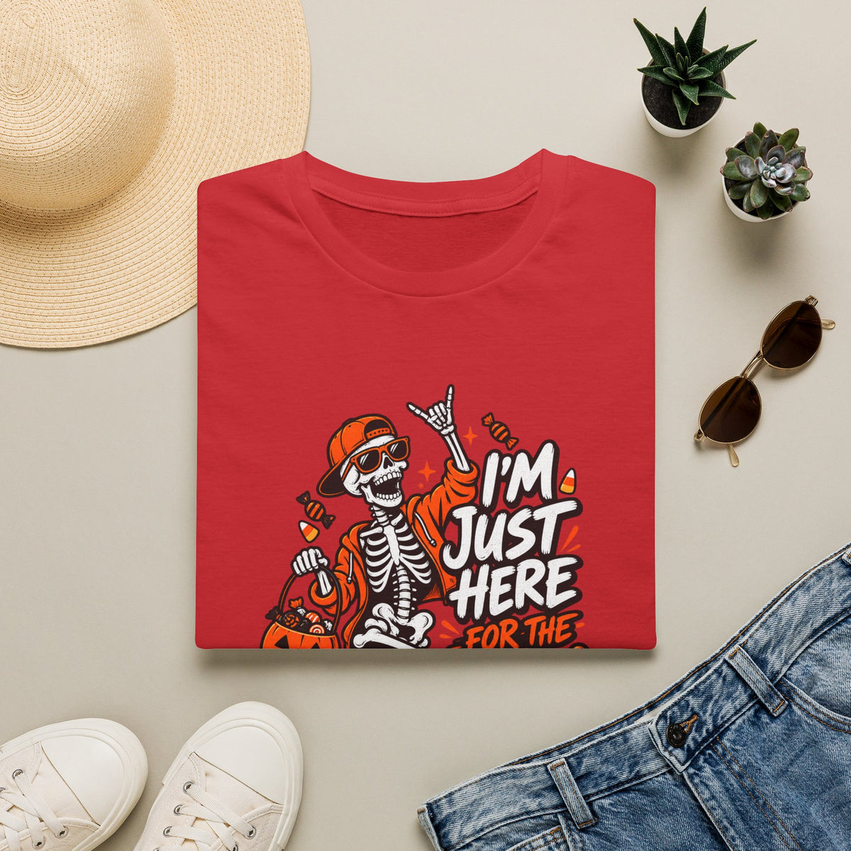 I'm Just Here for the Candy Shirt | Funny Dancing Skeleton Halloween Tee | Dark Humor Graphic T-Shirt