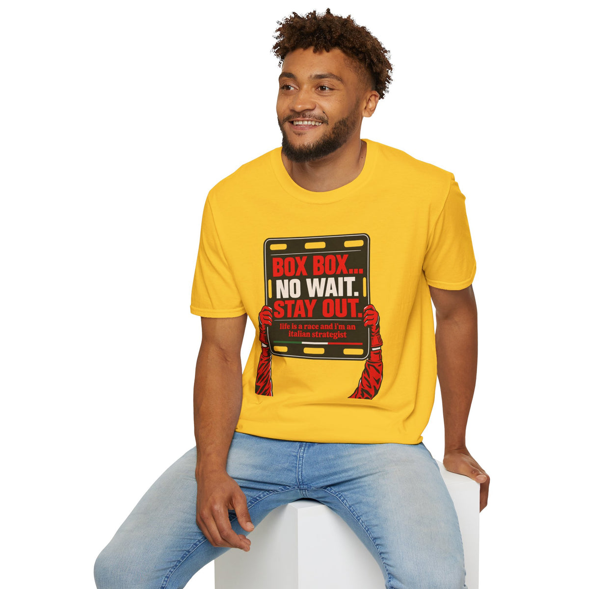 Funny Racing T-Shirt Box Box No Wait Stay Out Italian Strategist Motorsport Fan Shirt Unisex Softstyle Tee Race Day Gift