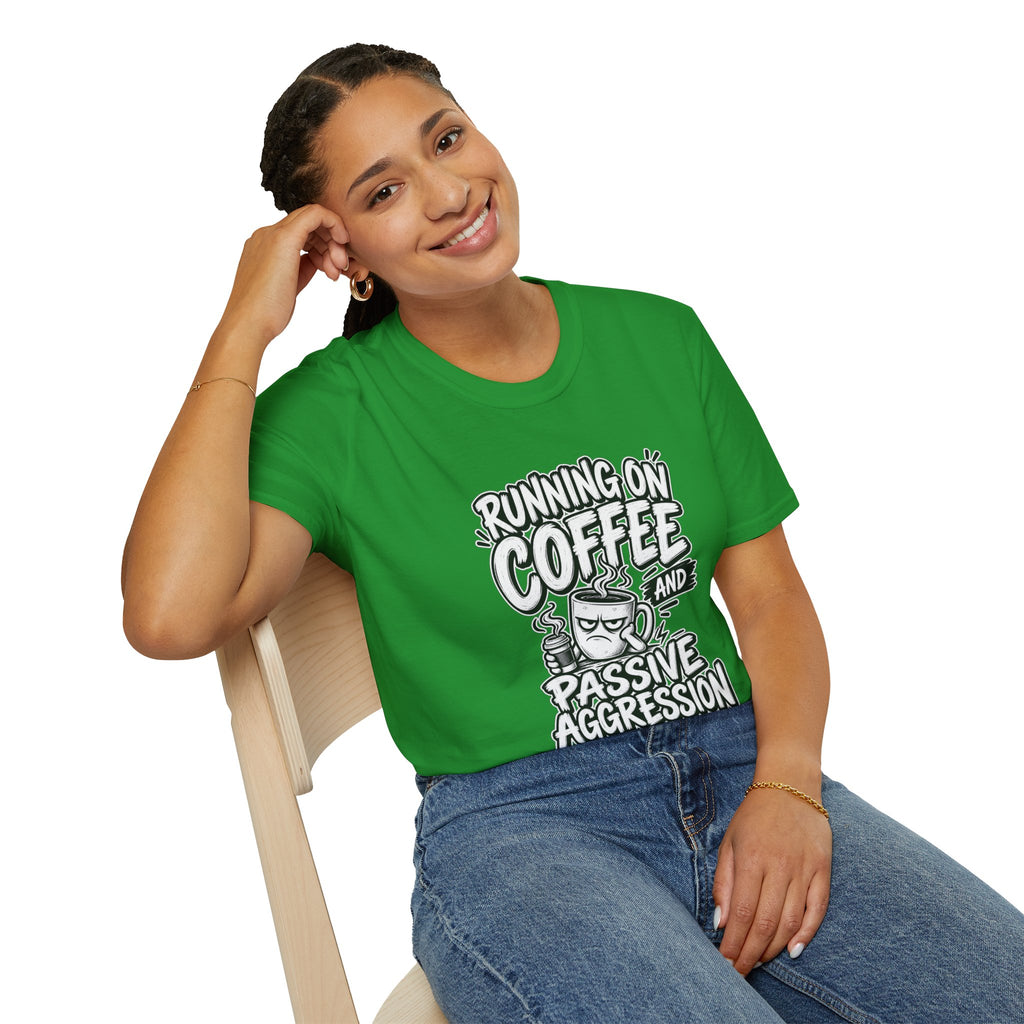Funny Dark Humor Tshirt — Funny Office Tshirt Dark Humor Graphic Tee Unique Coworker Gift  RUNNING ON COFFEE AND PASSIVE AGGRESSION Shirt