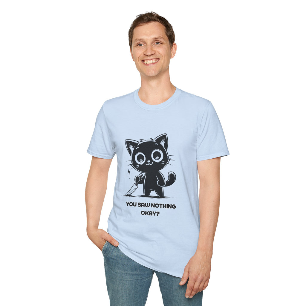 Women's and Men's Funny Cat T-shirt you saw nothing cat with bloody knife Halloween tee Soft Unisex Tshirt Gift for Her
