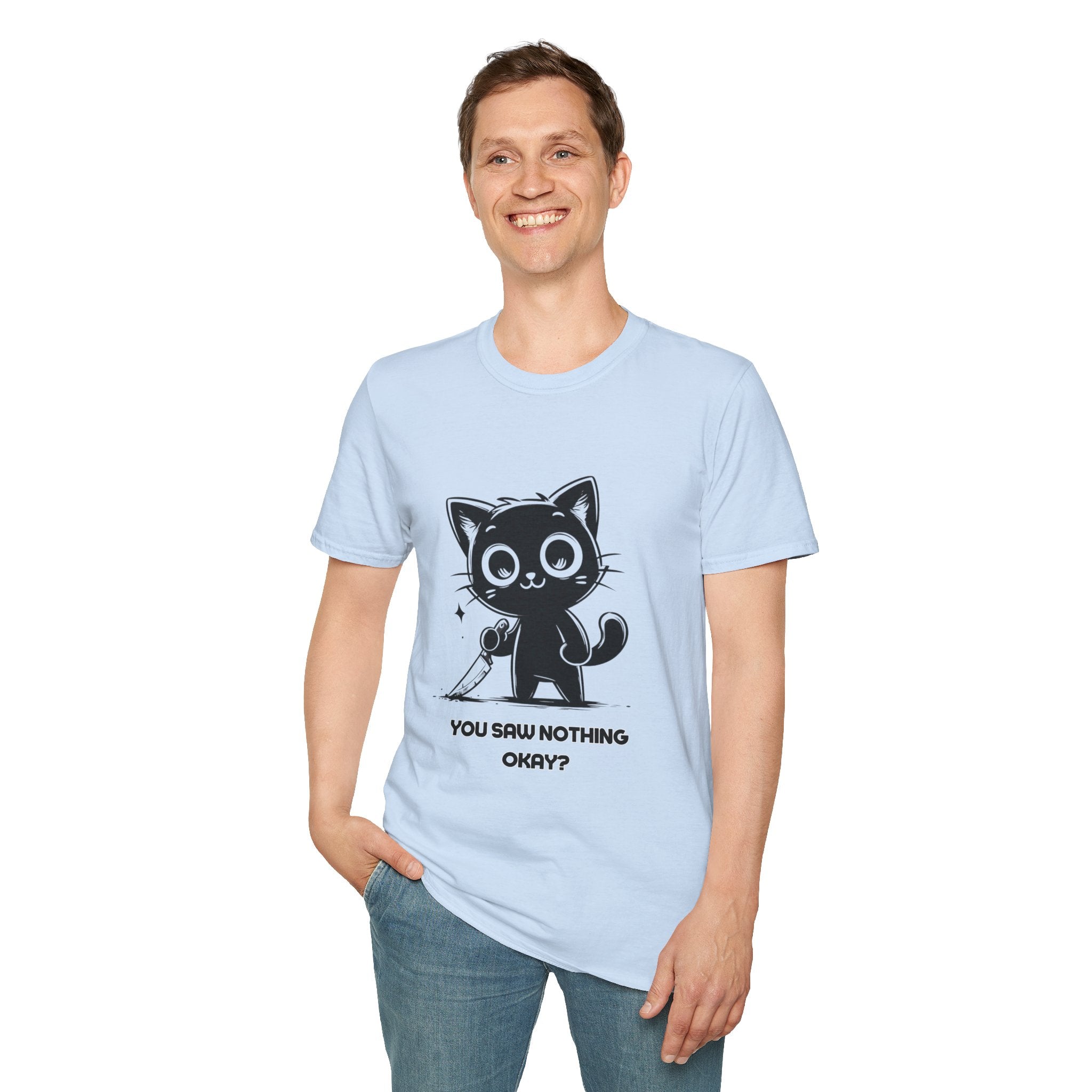 Women's and Men's Funny Cat T-shirt you saw nothing cat with bloody knife Halloween tee Soft Unisex Tshirt Gift for Her