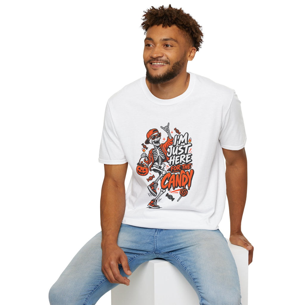 I'm Just Here for the Candy Shirt | Funny Dancing Skeleton Halloween Tee | Dark Humor Graphic T-Shirt