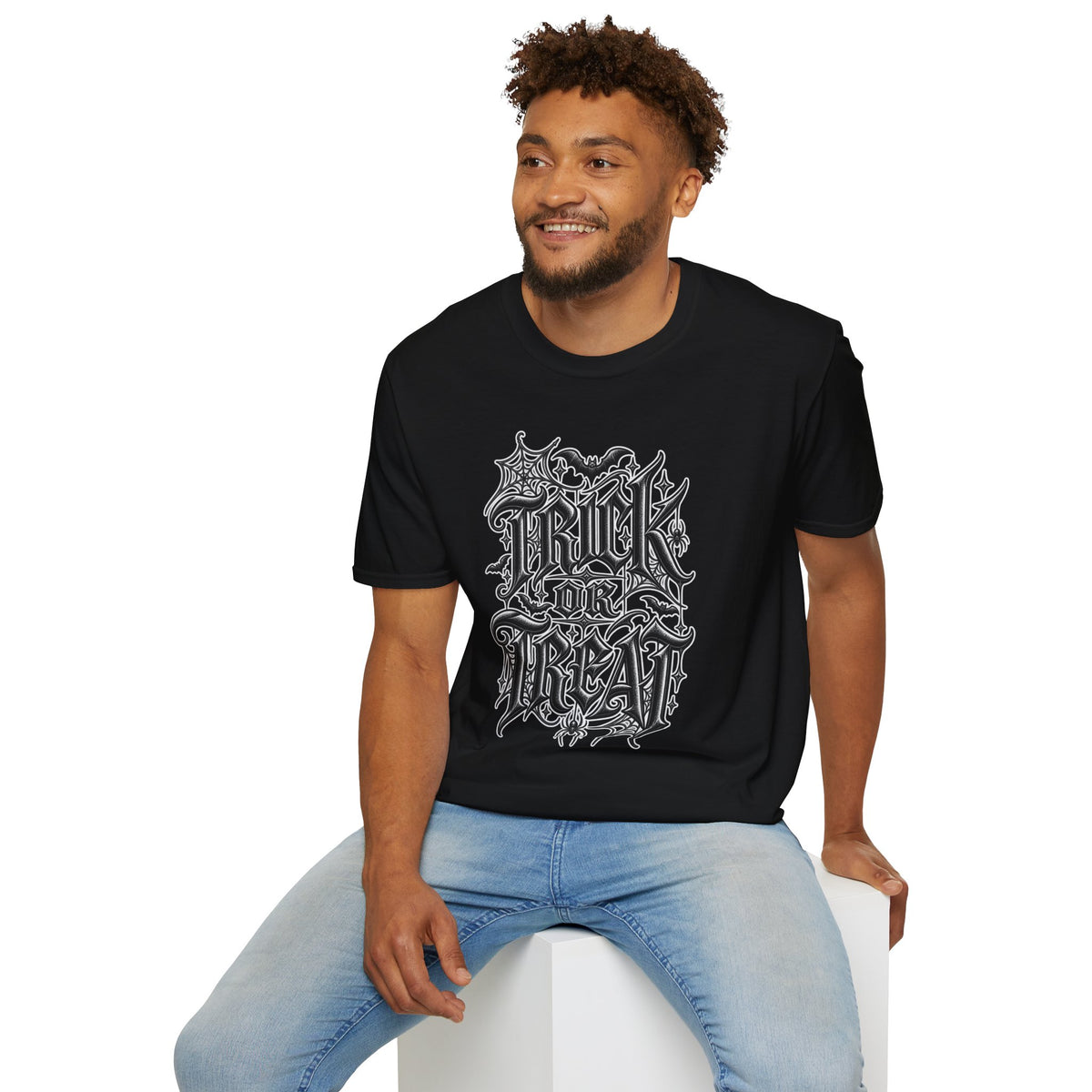 Funny Trick or Treat Gothic Blackletter Shirt | Edgy Spider Web Typography Tee | Minimalist Halloween T-Shirt