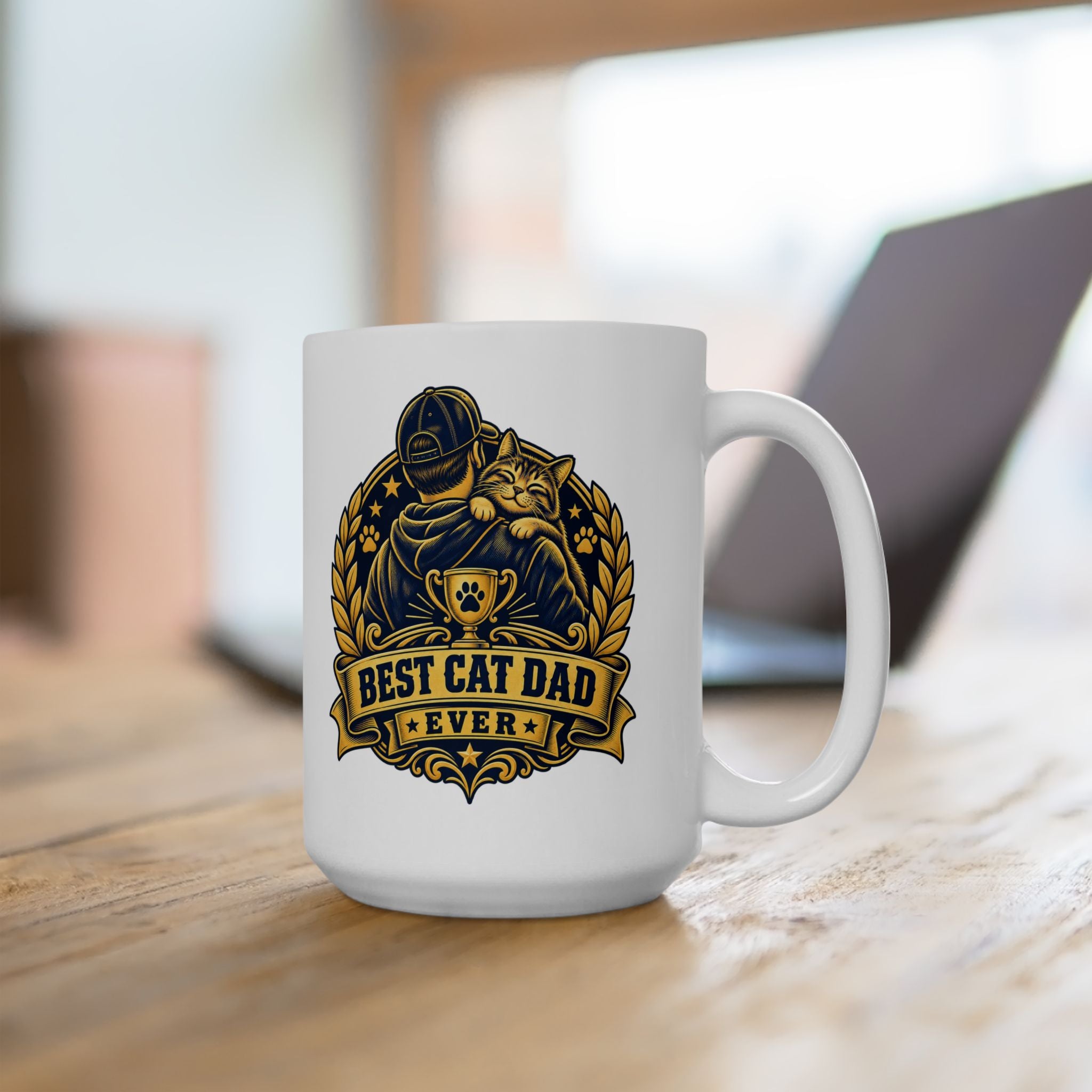 Best Cat Dad Ever Mug Vintage Trophy Badge Coffee Cup Gift Funny Coffee Mug
