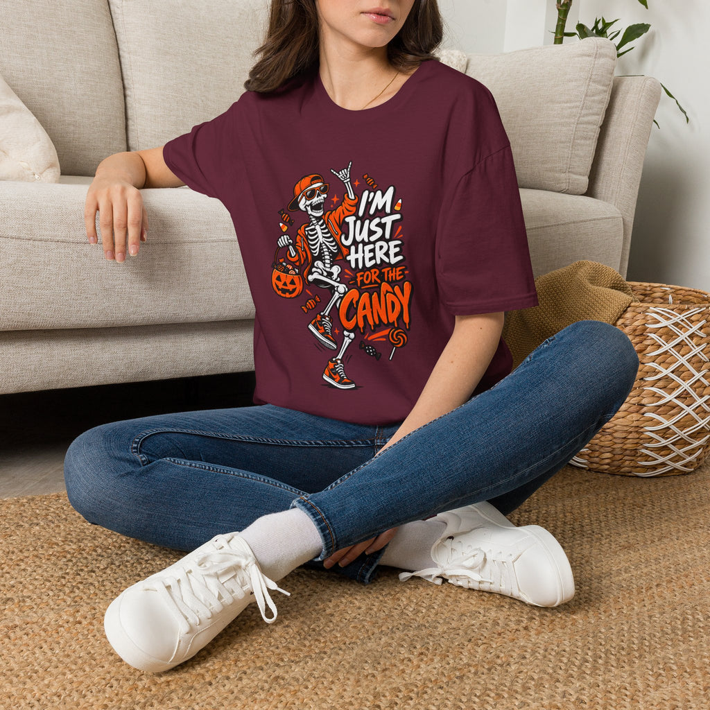 I'm Just Here for the Candy Shirt | Funny Dancing Skeleton Halloween Tee | Dark Humor Graphic T-Shirt