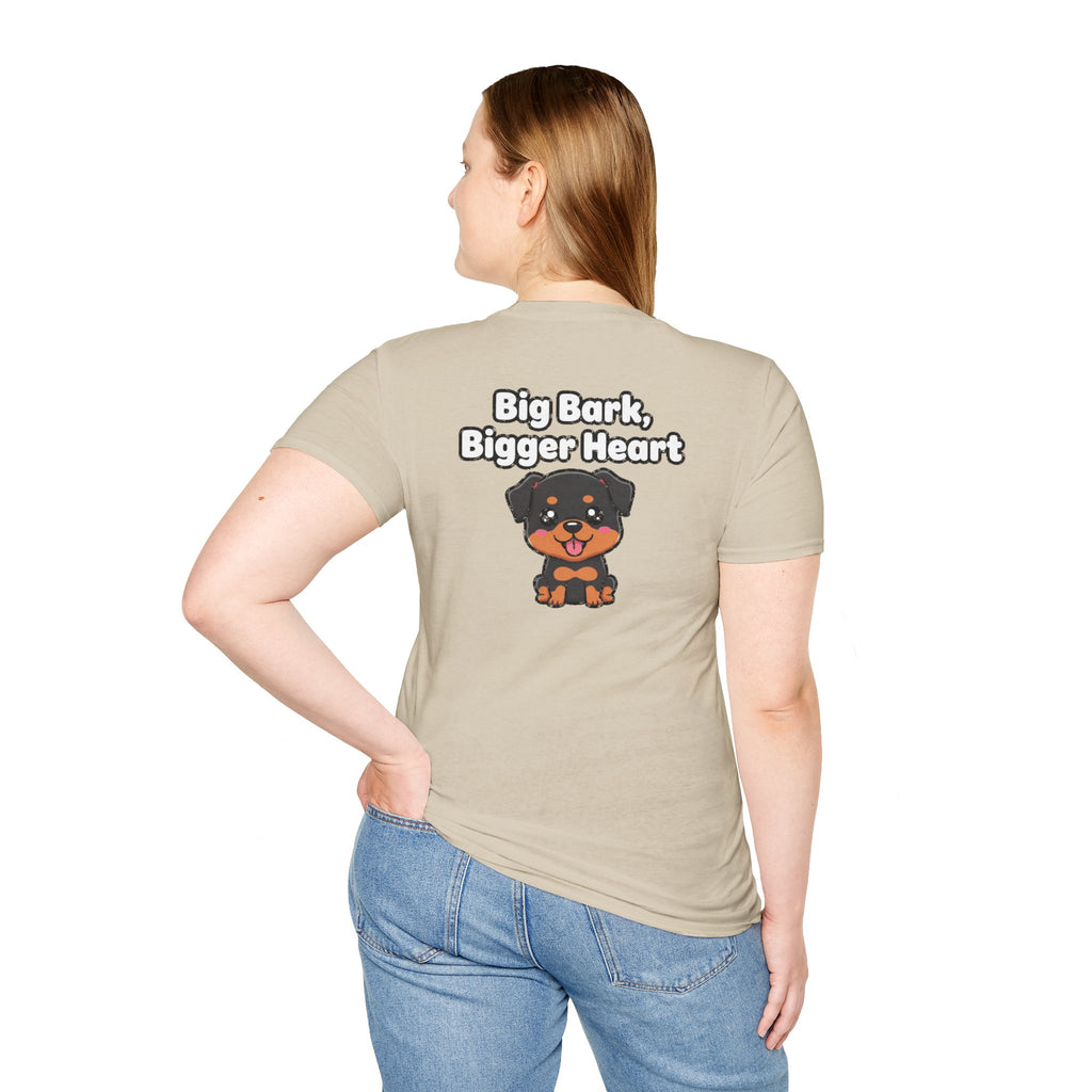 Cute Rottweiler Shirt Big Bark, Bigger Heart Funny Dog Lover Unisex Softstyle Tee Gift