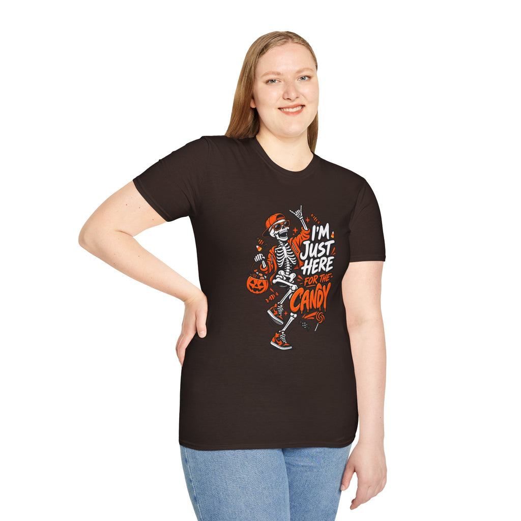 I'm Just Here for the Candy Shirt | Funny Dancing Skeleton Halloween Tee | Dark Humor Graphic T-Shirt