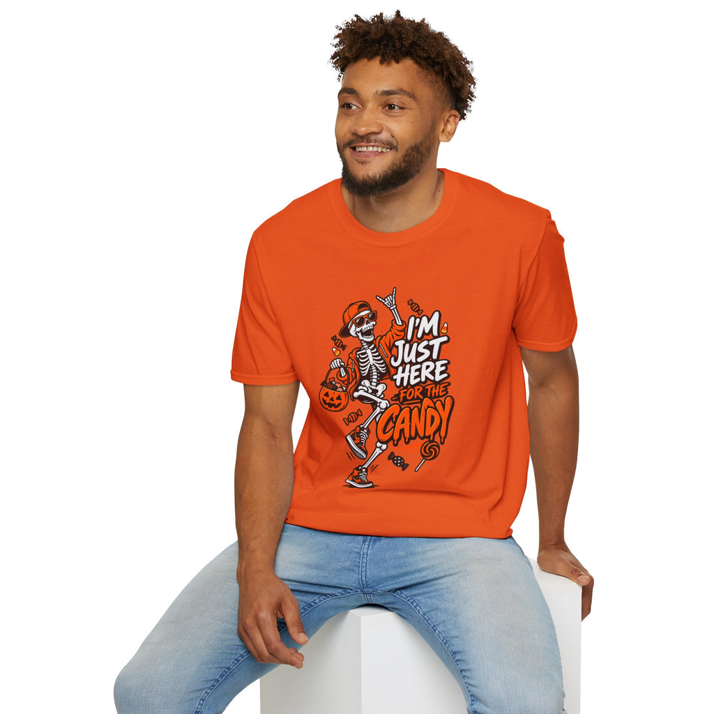 I'm Just Here for the Candy Shirt | Funny Dancing Skeleton Halloween Tee | Dark Humor Graphic T-Shirt