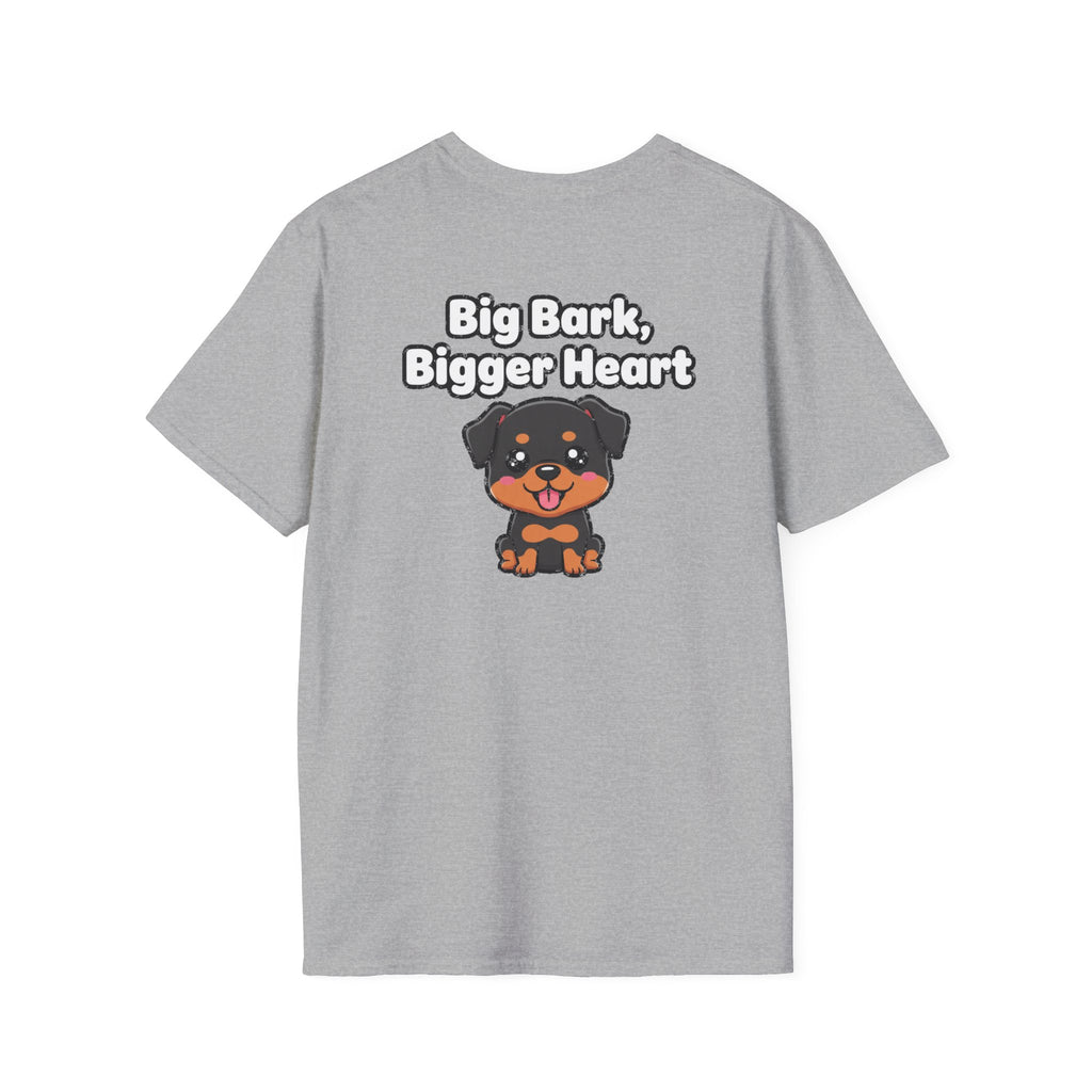 Cute Rottweiler Shirt Big Bark, Bigger Heart Funny Dog Lover Unisex Softstyle Tee Gift
