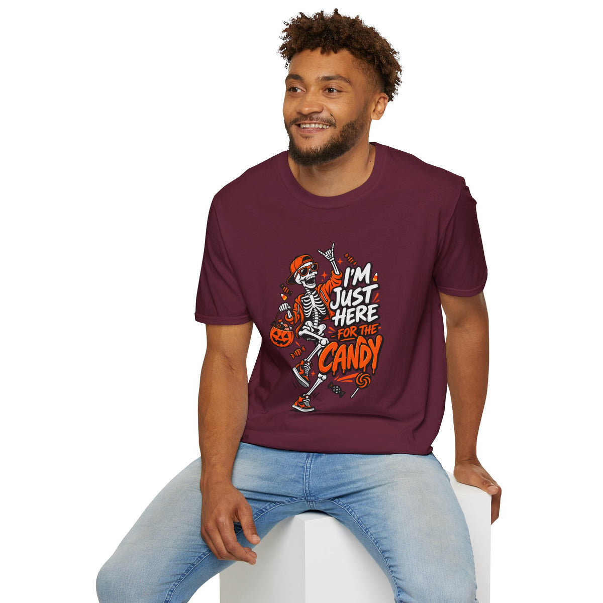 I'm Just Here for the Candy Shirt | Funny Dancing Skeleton Halloween Tee | Dark Humor Graphic T-Shirt