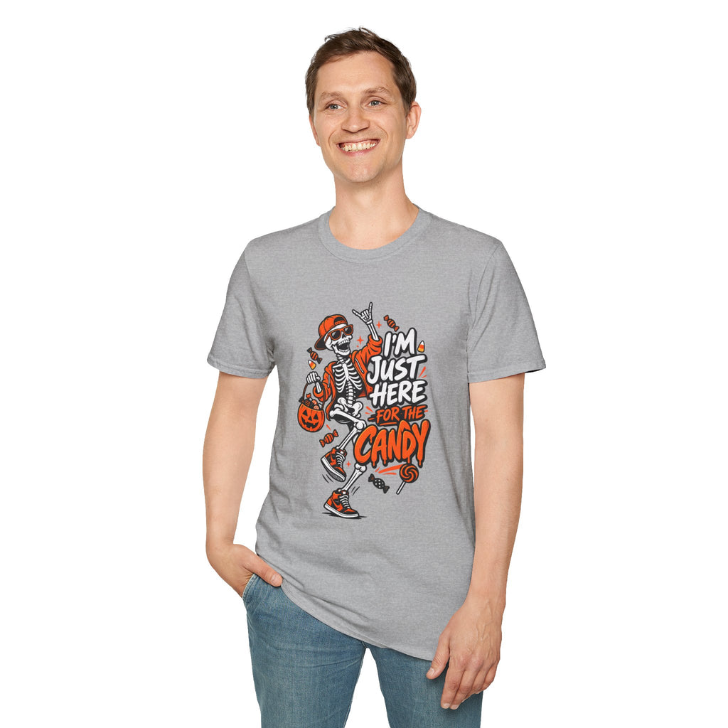 I'm Just Here for the Candy Shirt | Funny Dancing Skeleton Halloween Tee | Dark Humor Graphic T-Shirt