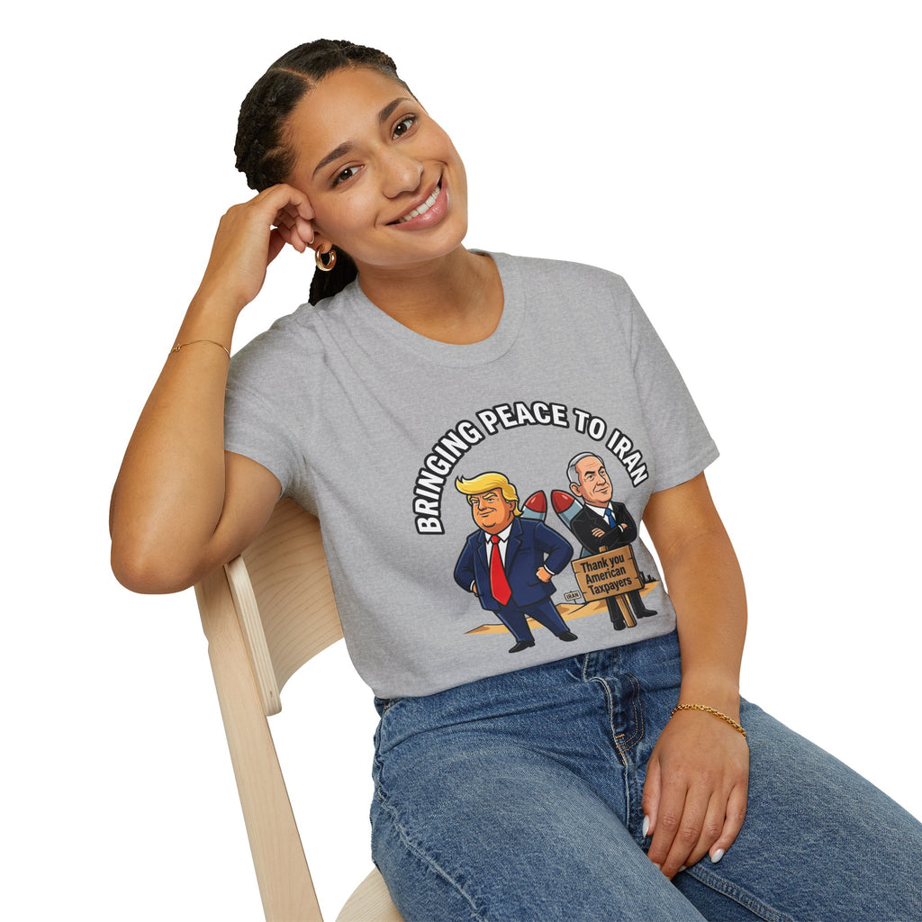 Trump T-Shirt Benjamin Netanyahu Iran War Satiric Mens Unisex Softstyle T-Shirt