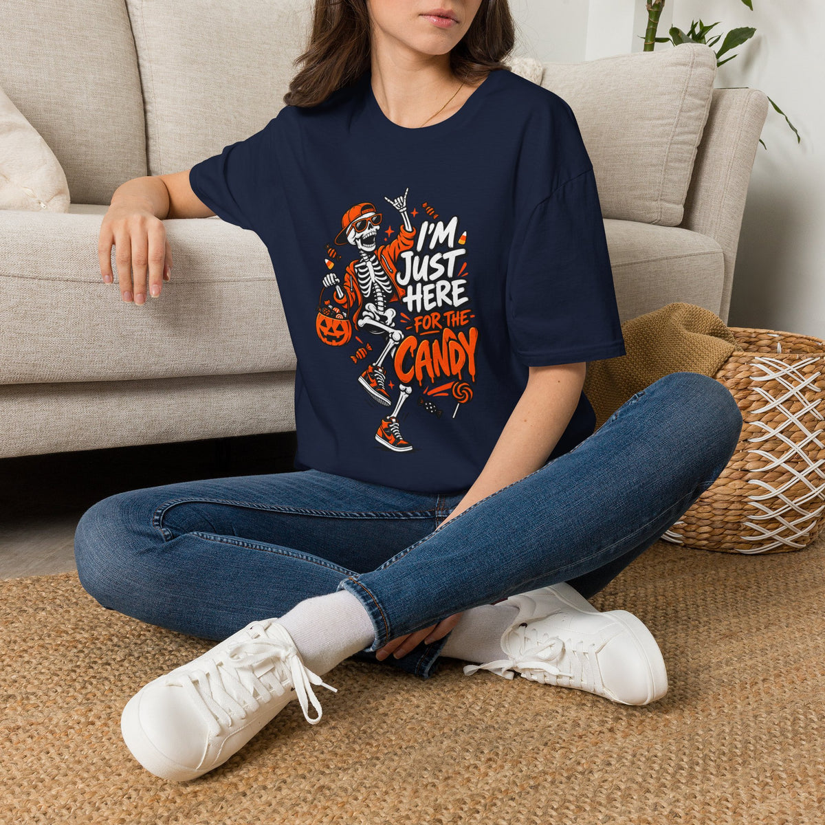 I'm Just Here for the Candy Shirt | Funny Dancing Skeleton Halloween Tee | Dark Humor Graphic T-Shirt