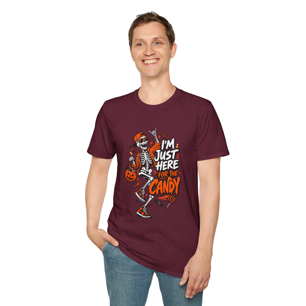 I'm Just Here for the Candy Shirt | Funny Dancing Skeleton Halloween Tee | Dark Humor Graphic T-Shirt