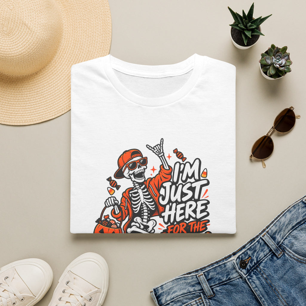 I'm Just Here for the Candy Shirt | Funny Dancing Skeleton Halloween Tee | Dark Humor Graphic T-Shirt