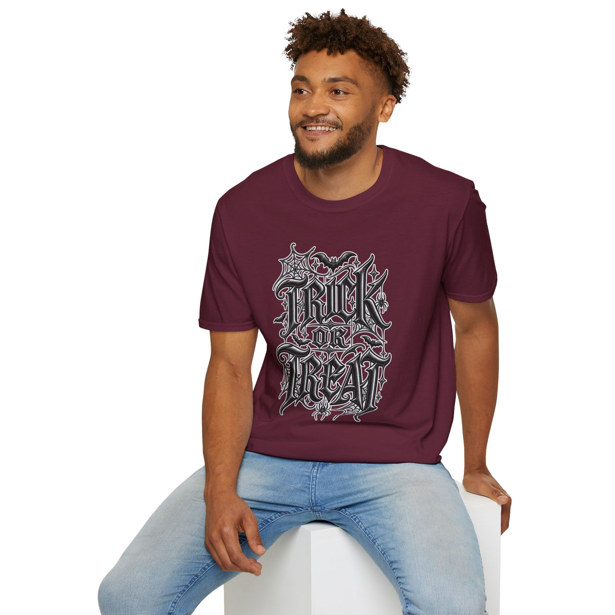 Funny Trick or Treat Gothic Blackletter Shirt | Edgy Spider Web Typography Tee | Minimalist Halloween T-Shirt