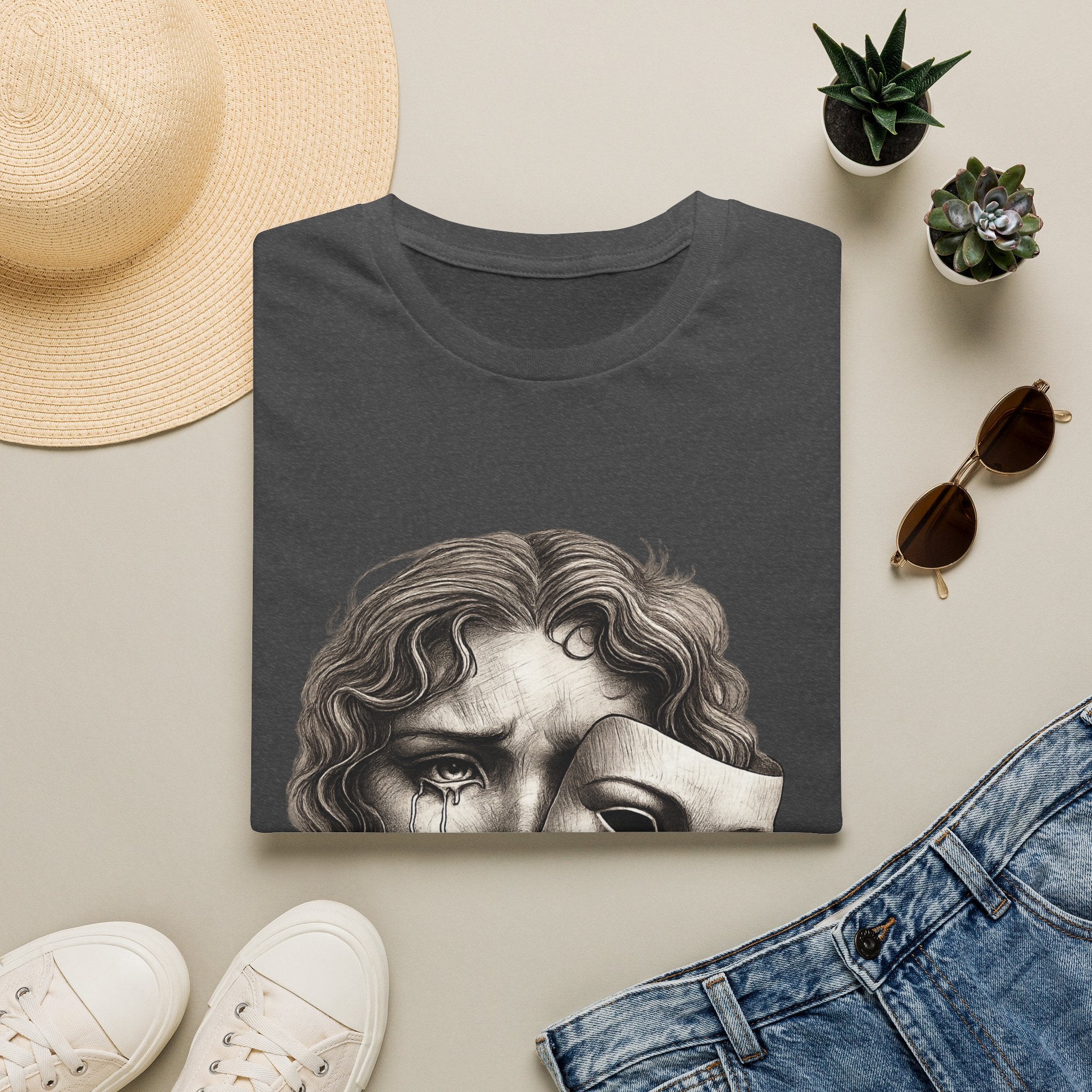 Crying Woman Mask Art T-Shirt | Hidden Emotions Sketch Graphic Tee Unisex Unisex Softstyle T-Shirt