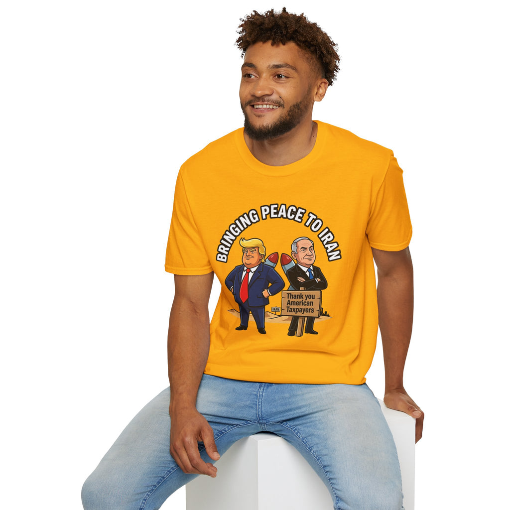 Trump T-Shirt Benjamin Netanyahu Iran War Satiric Mens Unisex Softstyle T-Shirt