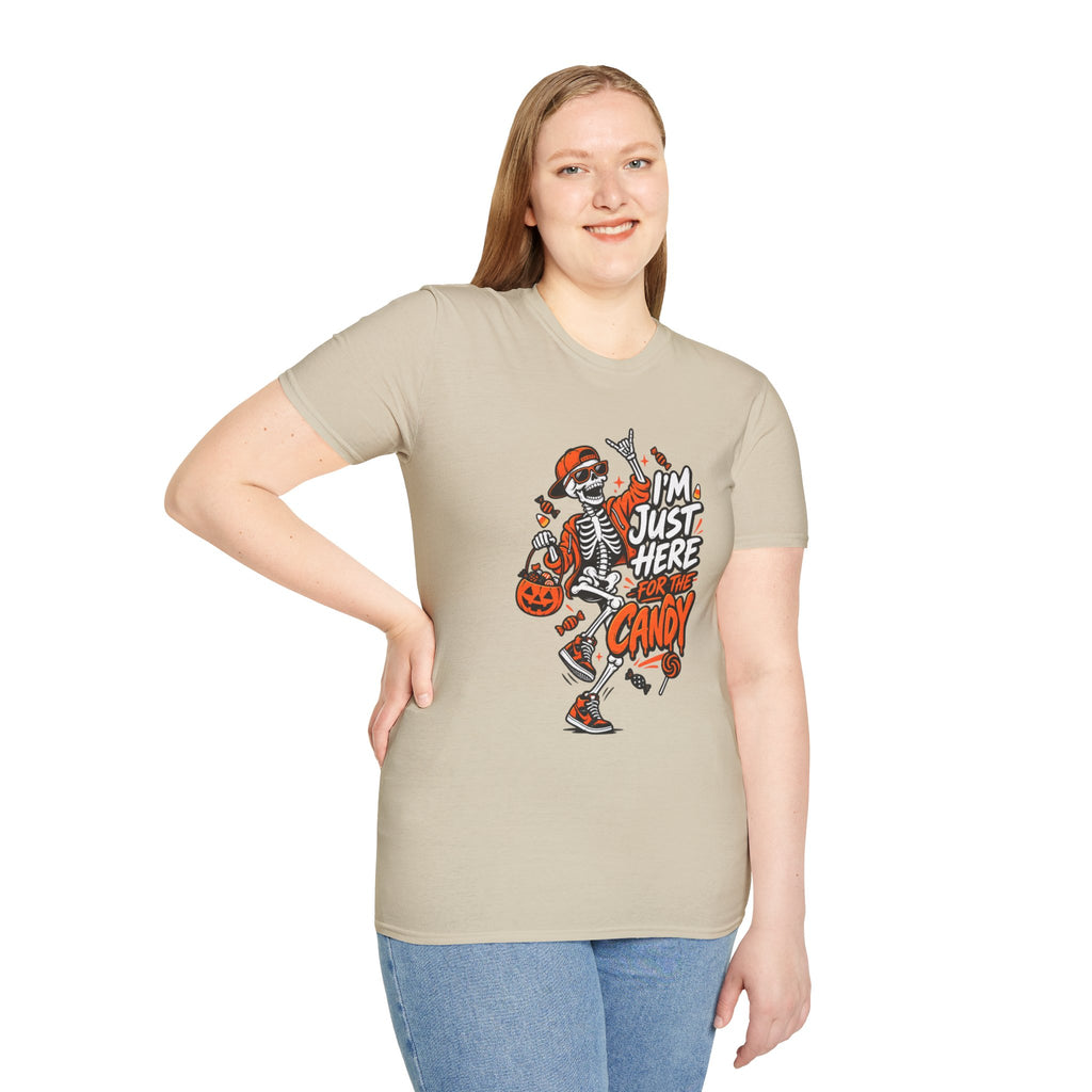 I'm Just Here for the Candy Shirt | Funny Dancing Skeleton Halloween Tee | Dark Humor Graphic T-Shirt