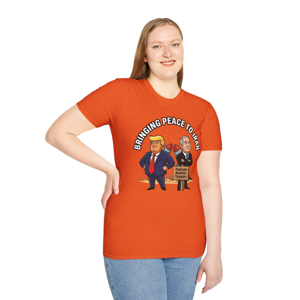 Trump T-Shirt Benjamin Netanyahu Iran War Satiric Mens Unisex Softstyle T-Shirt