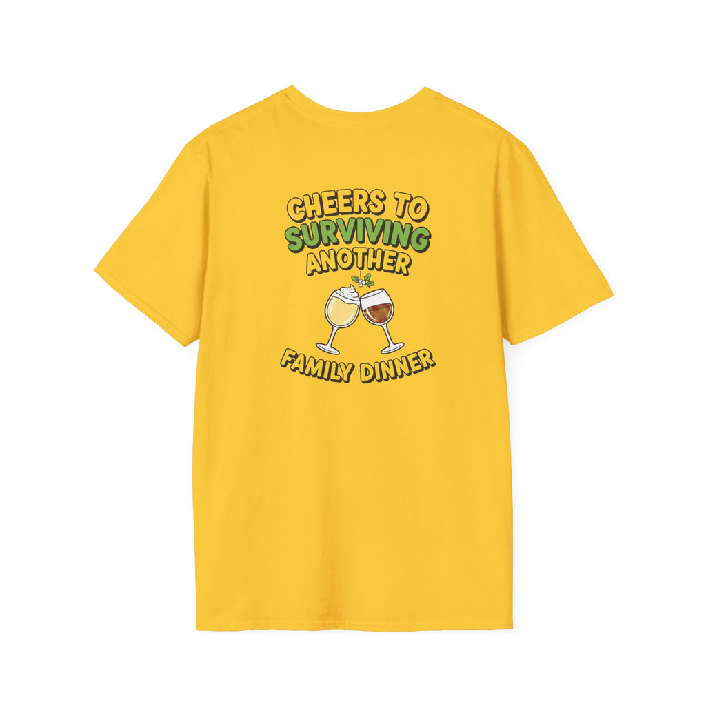 Dark Humor Christmas Shirt Cheers To Surviving Another Family Dinner Funny Sarcastic Unisex Softstyle Tee Adult Christmas Gift