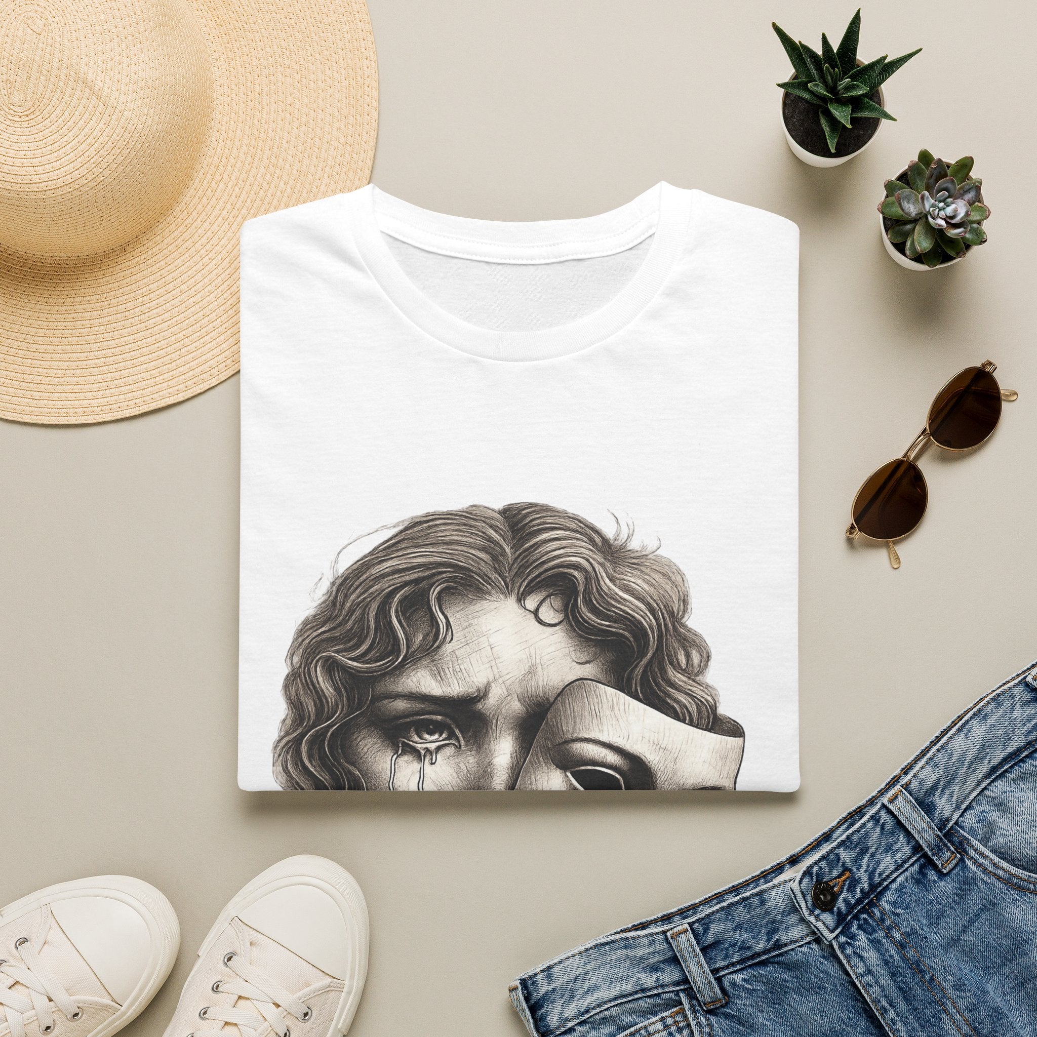 Crying Woman Mask Art T-Shirt | Hidden Emotions Sketch Graphic Tee Unisex Unisex Softstyle T-Shirt