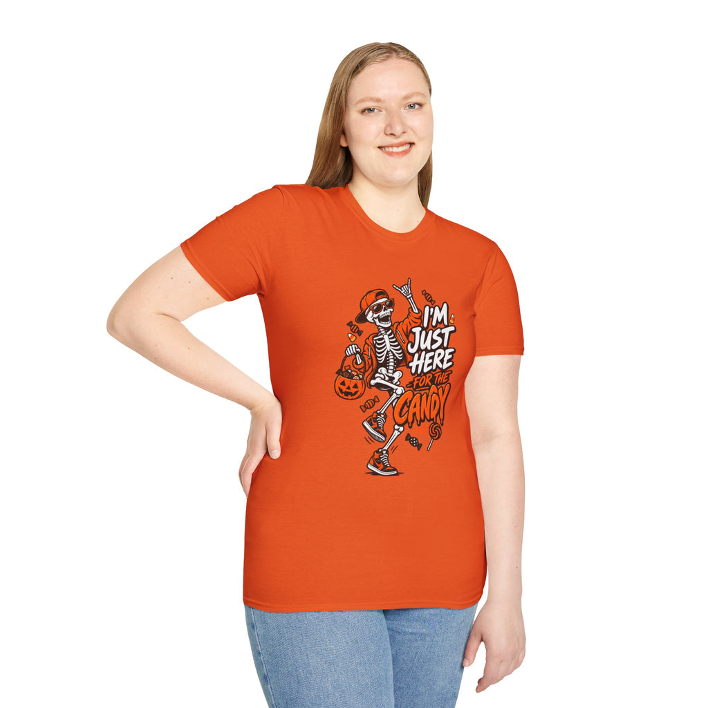 I'm Just Here for the Candy Shirt | Funny Dancing Skeleton Halloween Tee | Dark Humor Graphic T-Shirt