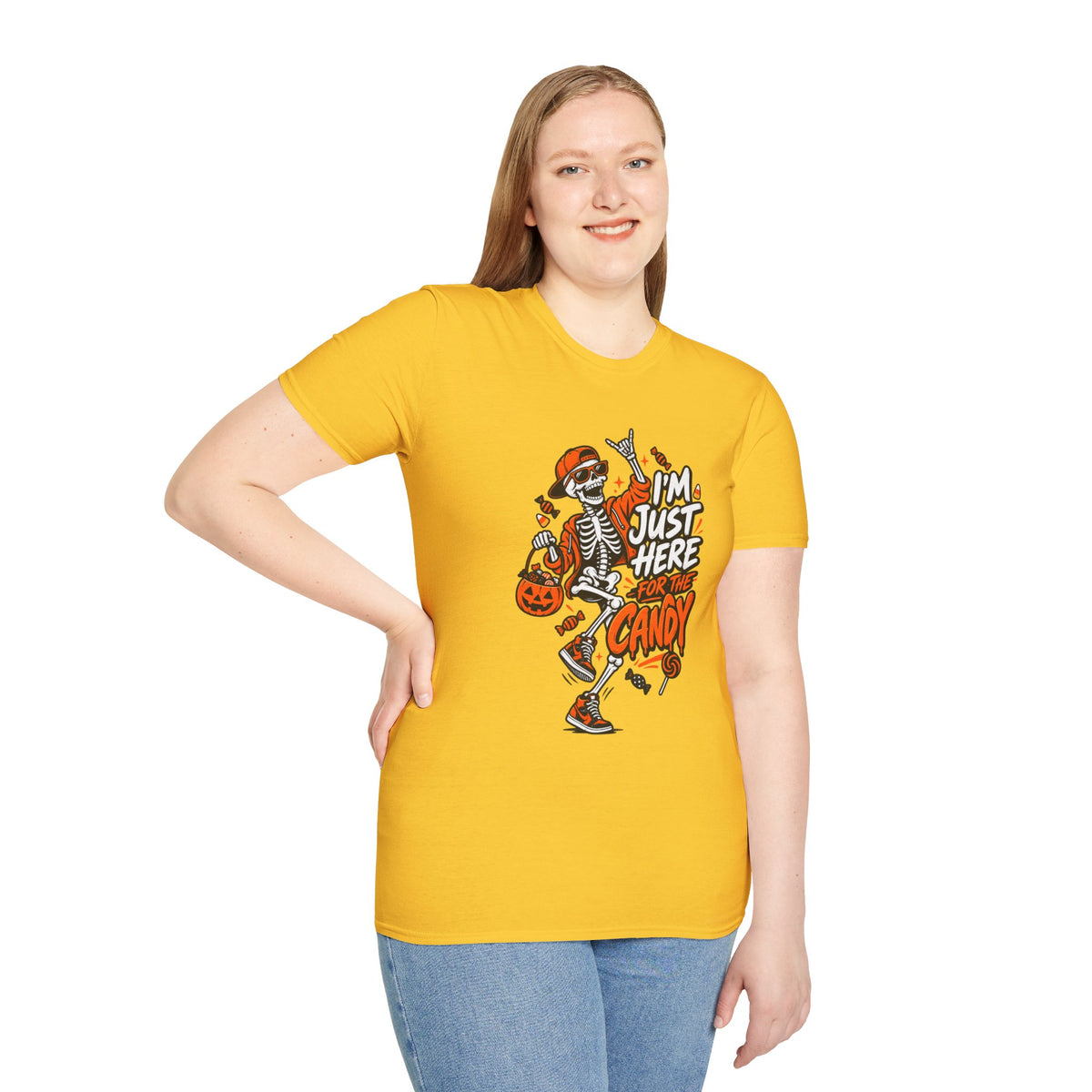 I'm Just Here for the Candy Shirt | Funny Dancing Skeleton Halloween Tee | Dark Humor Graphic T-Shirt