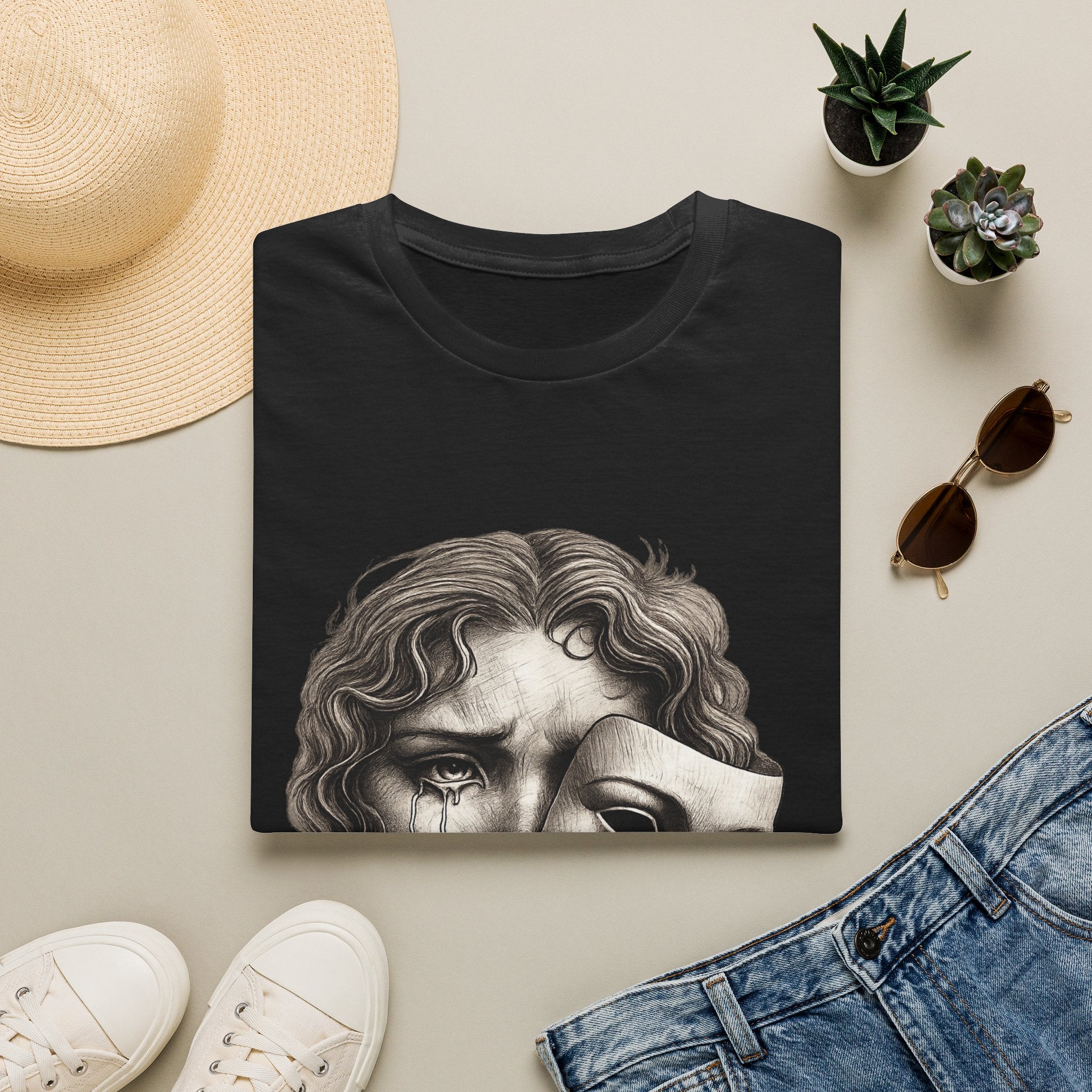 Crying Woman Mask Art T-Shirt | Hidden Emotions Sketch Graphic Tee Unisex Unisex Softstyle T-Shirt
