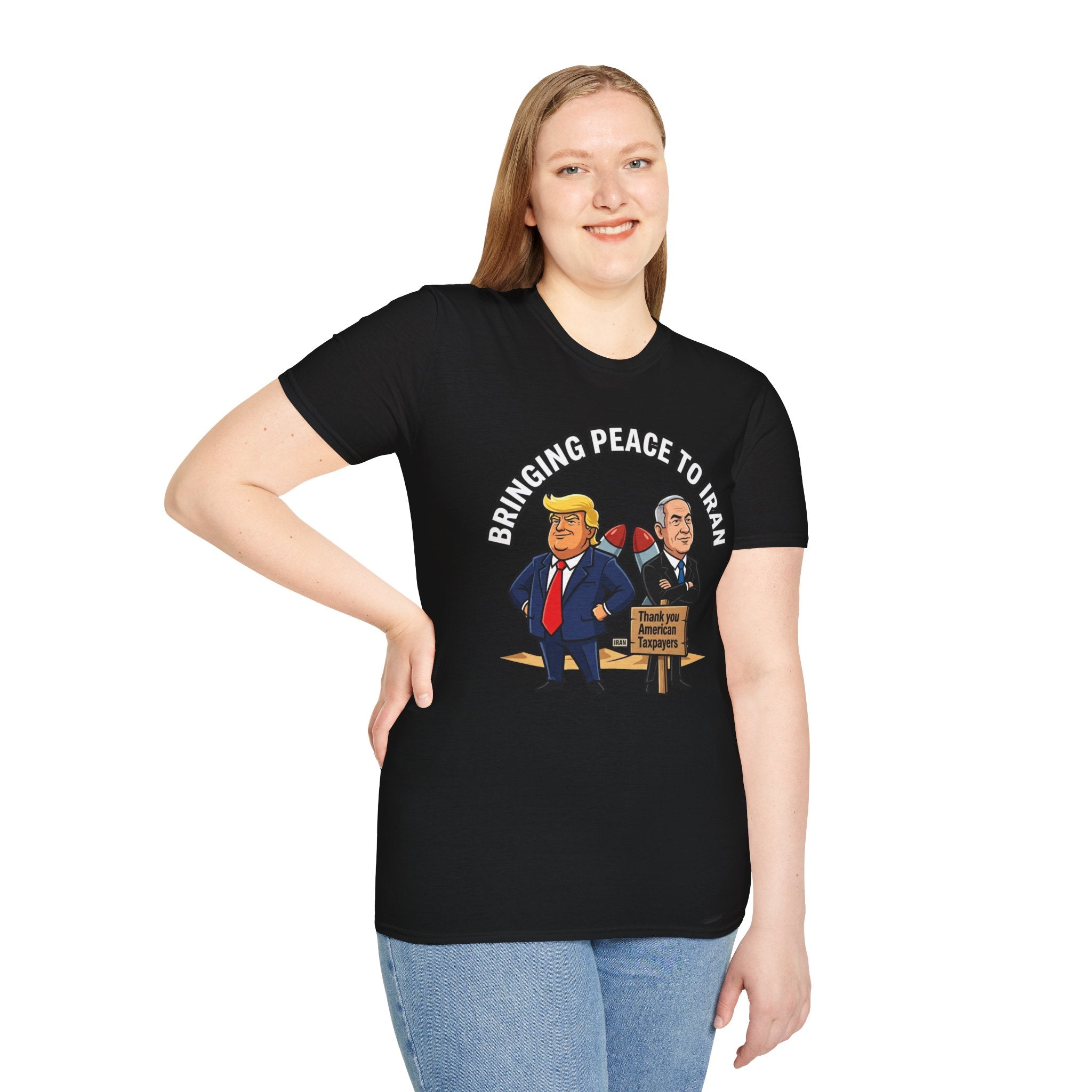 Trump T-Shirt Benjamin Netanyahu Iran War Satiric Mens Unisex Softstyle T-Shirt