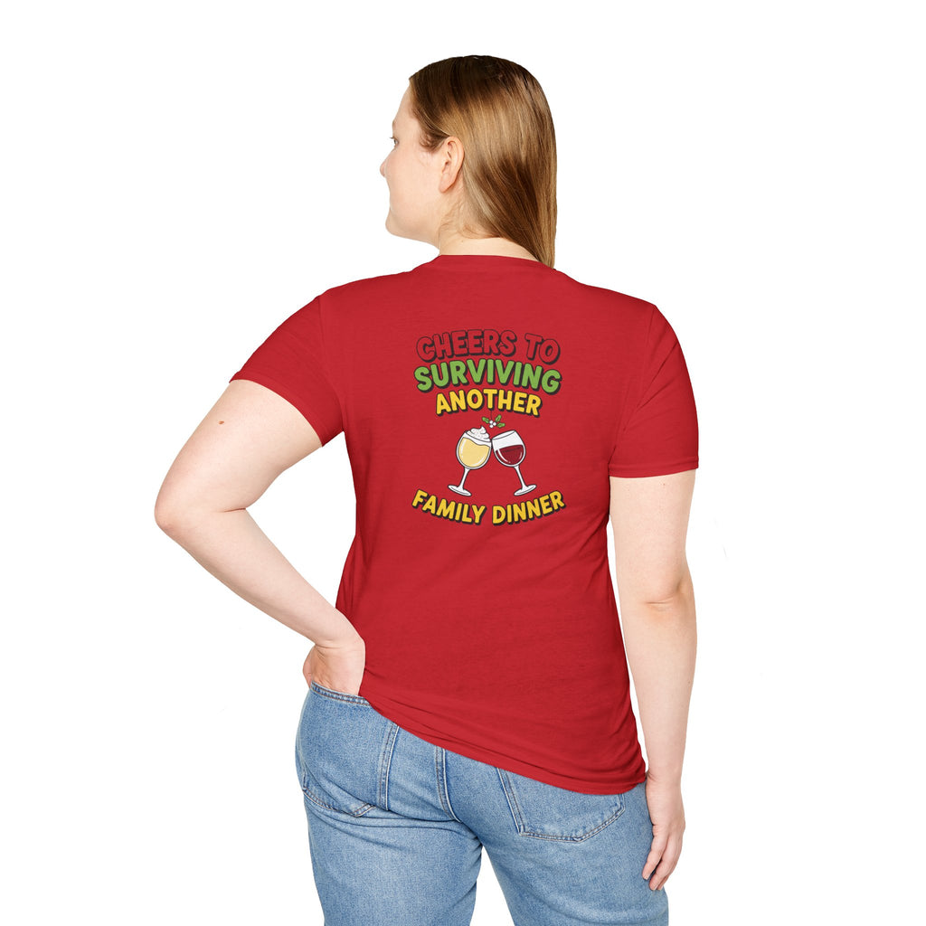 Dark Humor Christmas Shirt Cheers To Surviving Another Family Dinner Funny Sarcastic Unisex Softstyle Tee Adult Christmas Gift