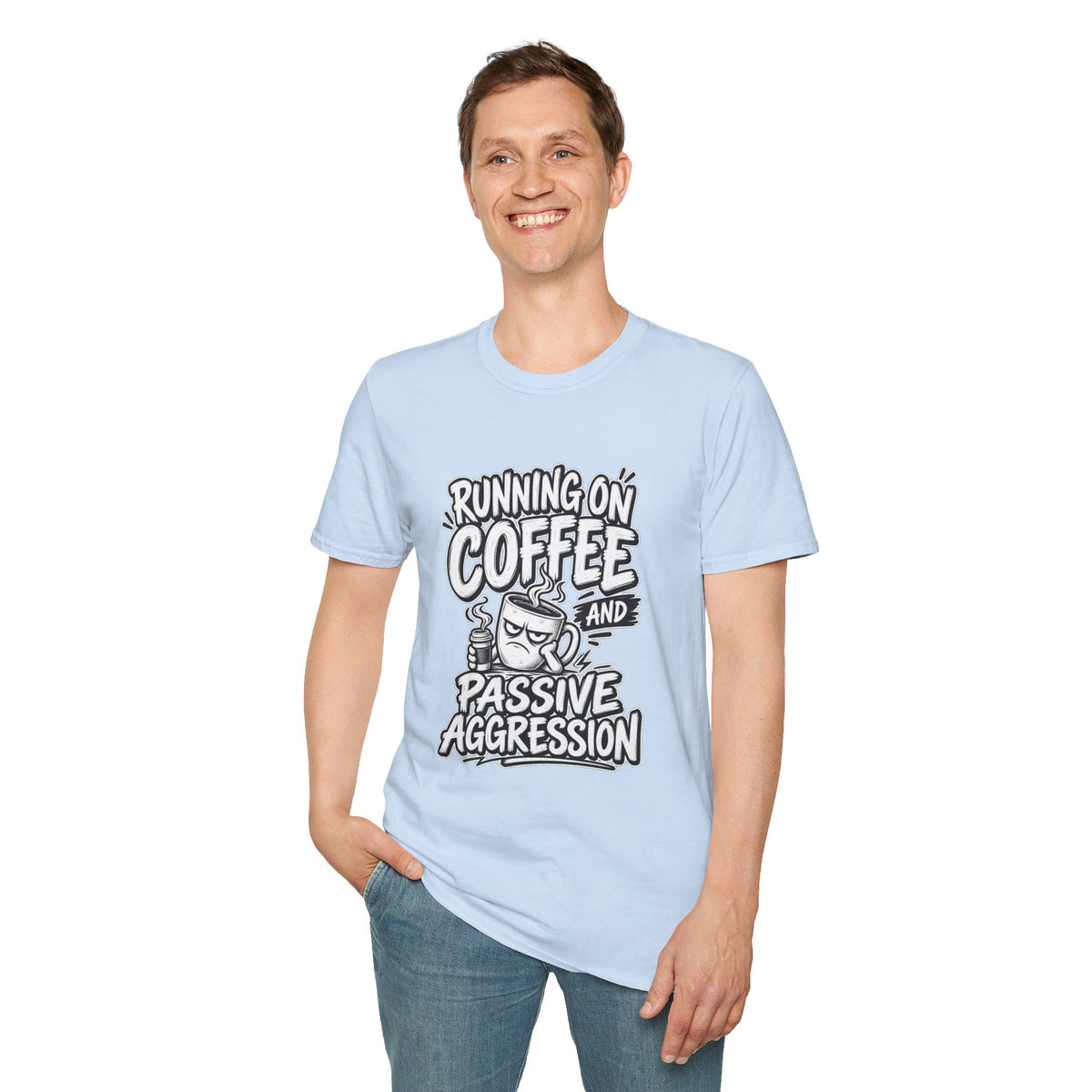 Funny Dark Humor Tshirt — Funny Office Tshirt Dark Humor Graphic Tee Unique Coworker Gift  RUNNING ON COFFEE AND PASSIVE AGGRESSION Shirt