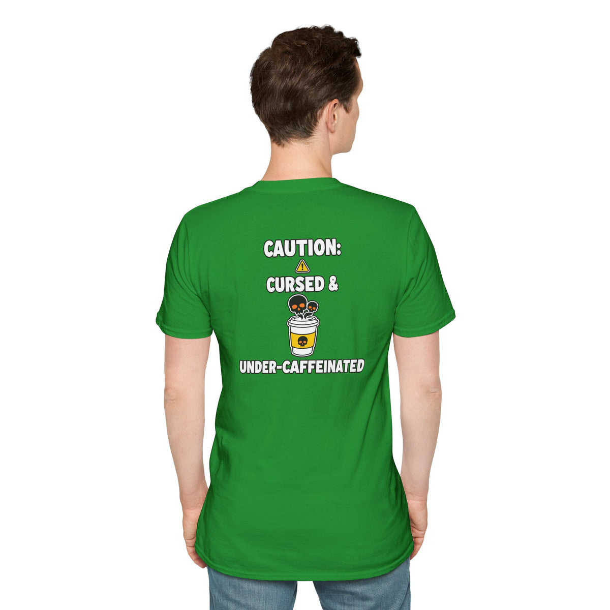 Dark Humor Halloween Shirt Caution Cursed And Under Caffeinated Funny Coffee Sarcastic Unisex Softstyle Tee Adult Halloween Gift
