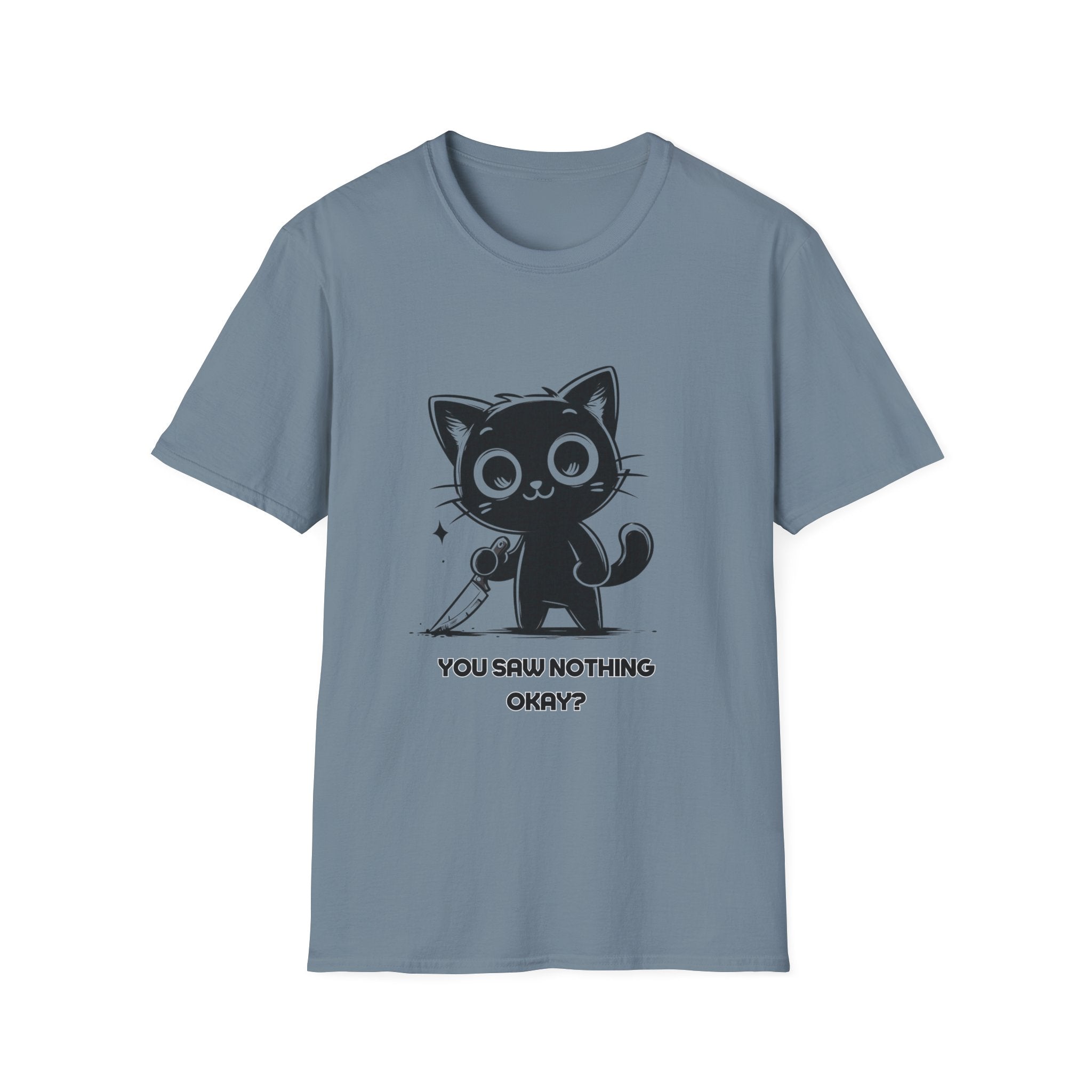 Women's and Men's Funny Cat T-shirt you saw nothing cat with bloody knife Halloween tee Soft Unisex Tshirt Gift for Her