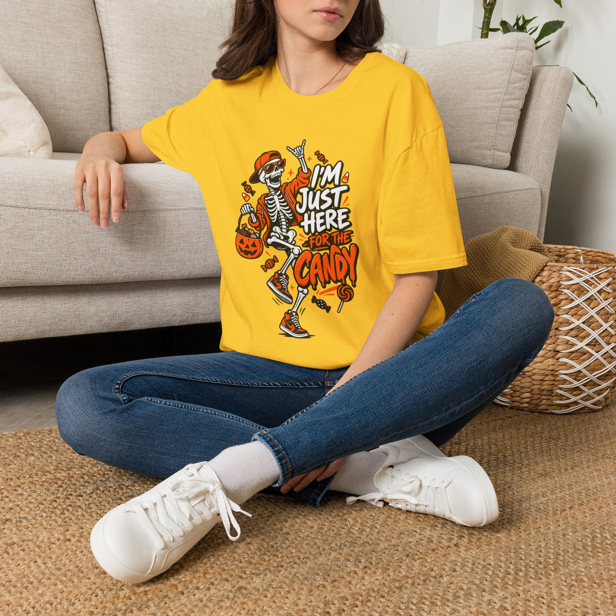 I'm Just Here for the Candy Shirt | Funny Dancing Skeleton Halloween Tee | Dark Humor Graphic T-Shirt