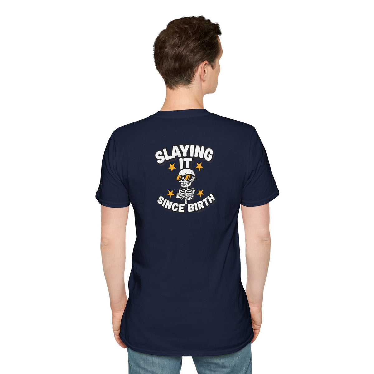 Dark Humor Halloween Shirt Slaying It Since Birth Funny Skeleton Sarcastic Unisex Softstyle Tee Adult Halloween Gift